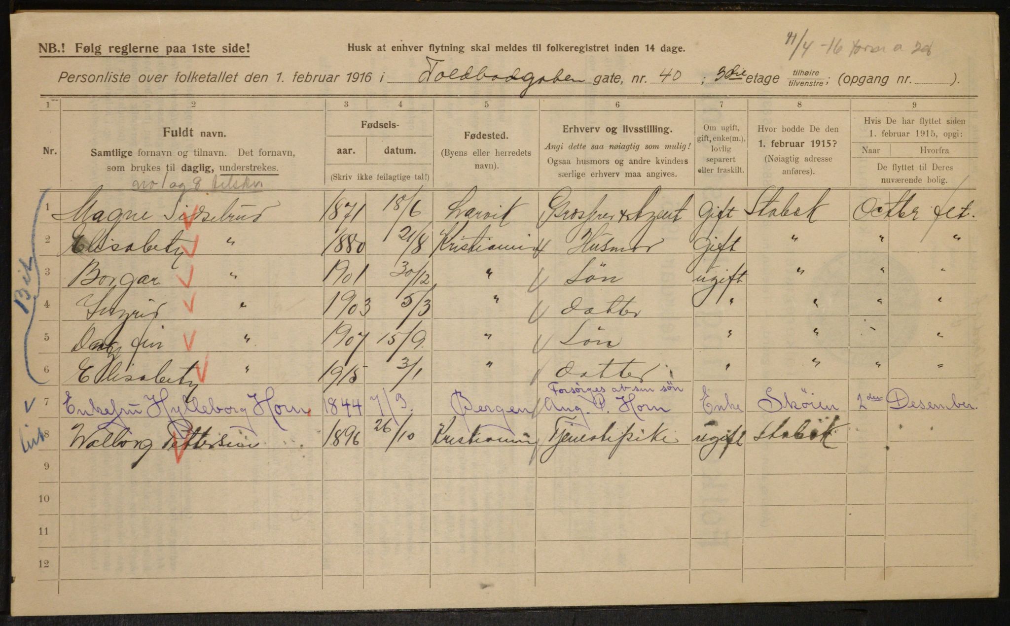 OBA, Kommunal folketelling 1.2.1916 for Kristiania, 1916, s. 116620