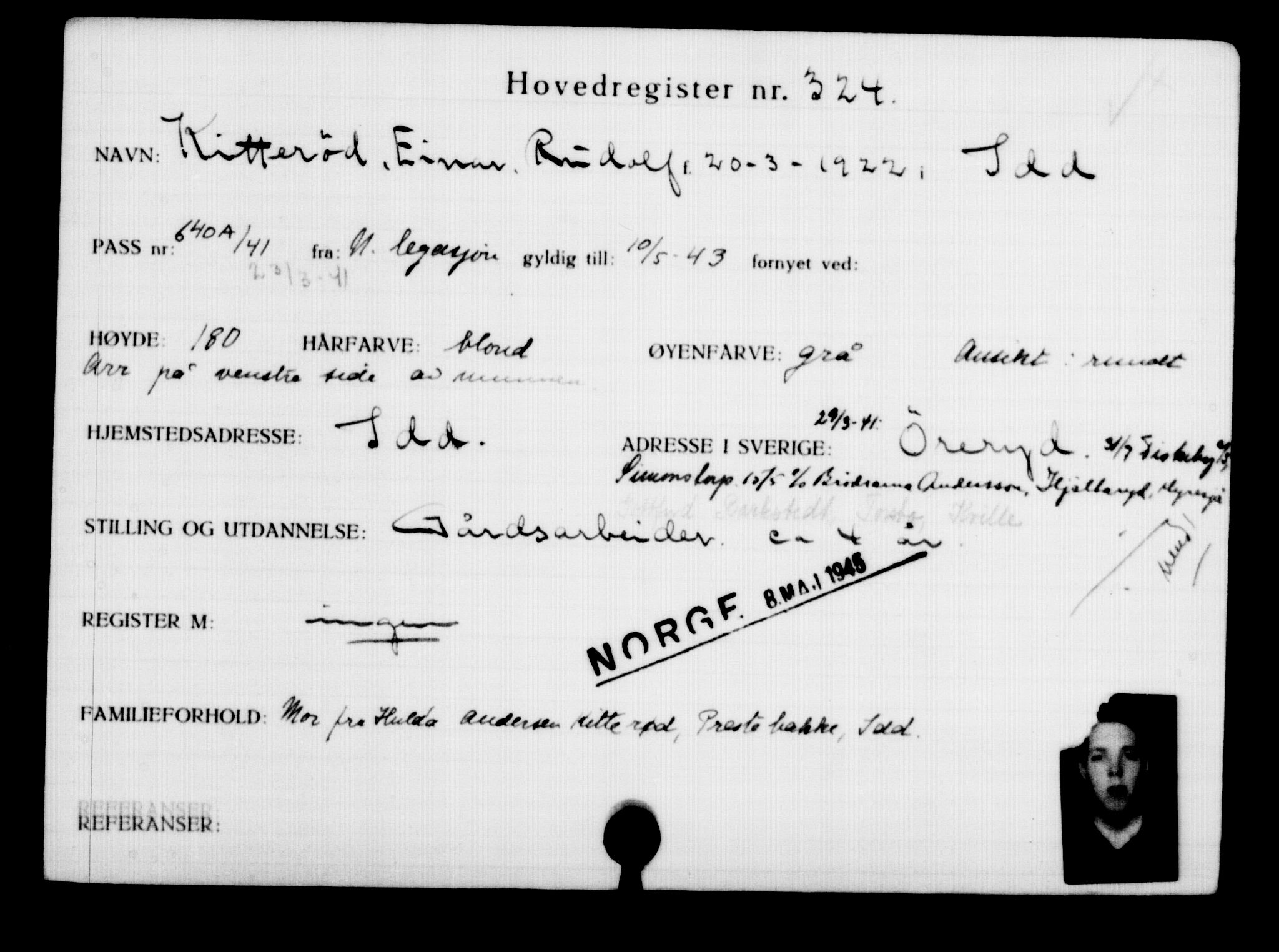 Utenriksstasjonene, Legasjonen i Stockholm, Flyktningkontoret, AV/RA-S-6753/V/Va/L0001: Kjesäterkartoteket, flyktninger med registreringsnr. 1-1000, 1940-1945, s. 516