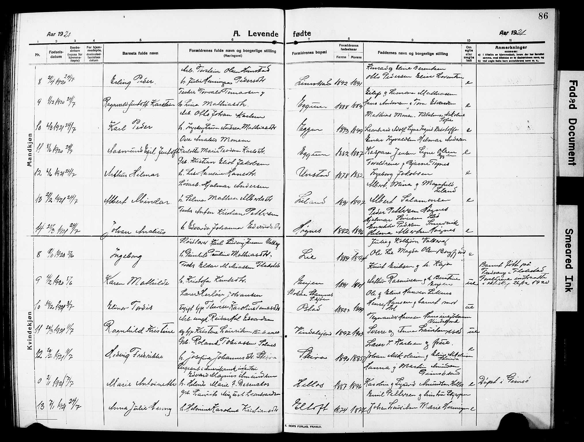 Ministerialprotokoller, klokkerbøker og fødselsregistre - Nordland, AV/SAT-A-1459/880/L1142: Klokkerbok nr. 880C04, 1913-1930, s. 86