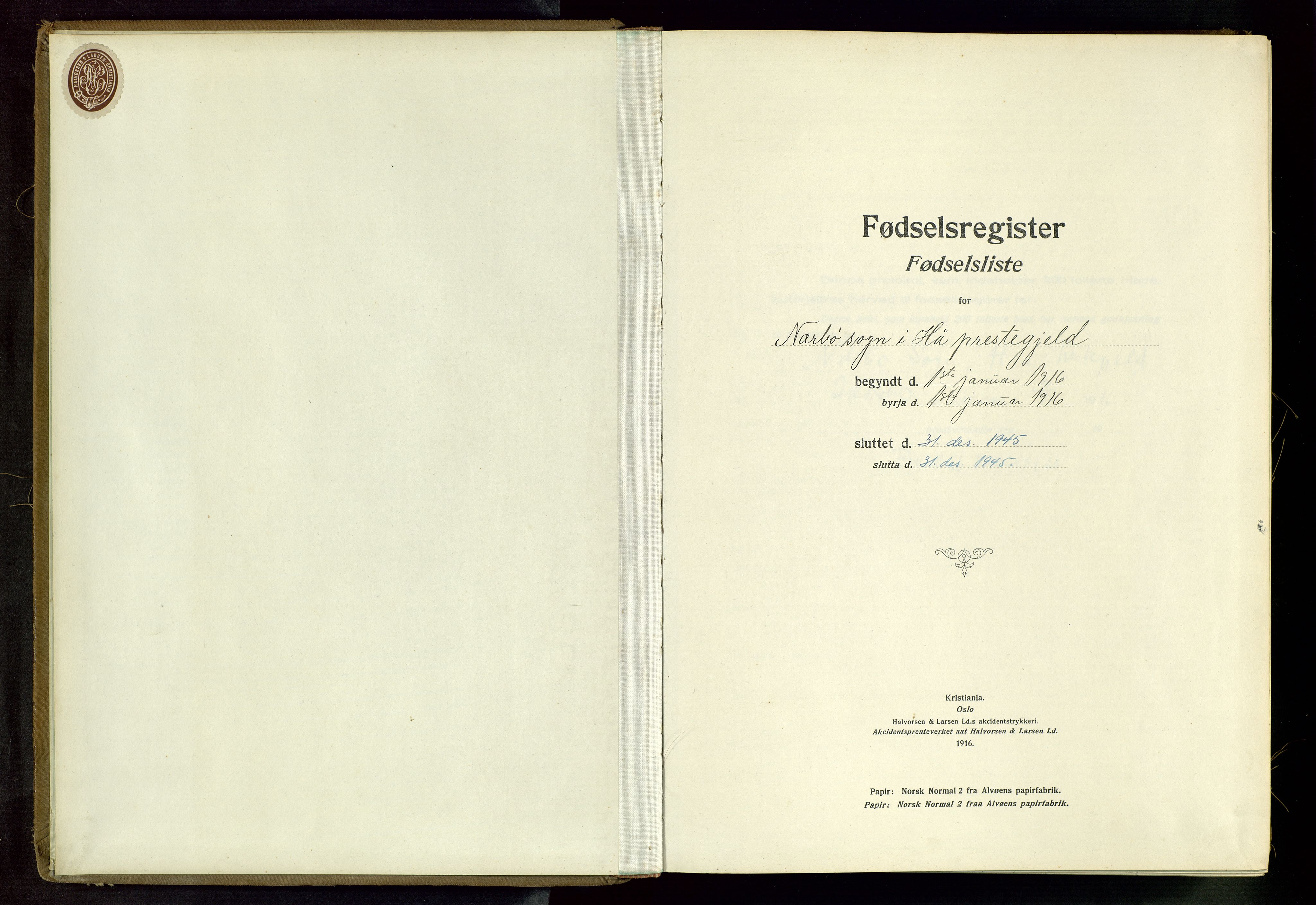 Hå sokneprestkontor, SAST/A-101801/002/C/L0001: Fødselsregister nr. 1, 1916-1945