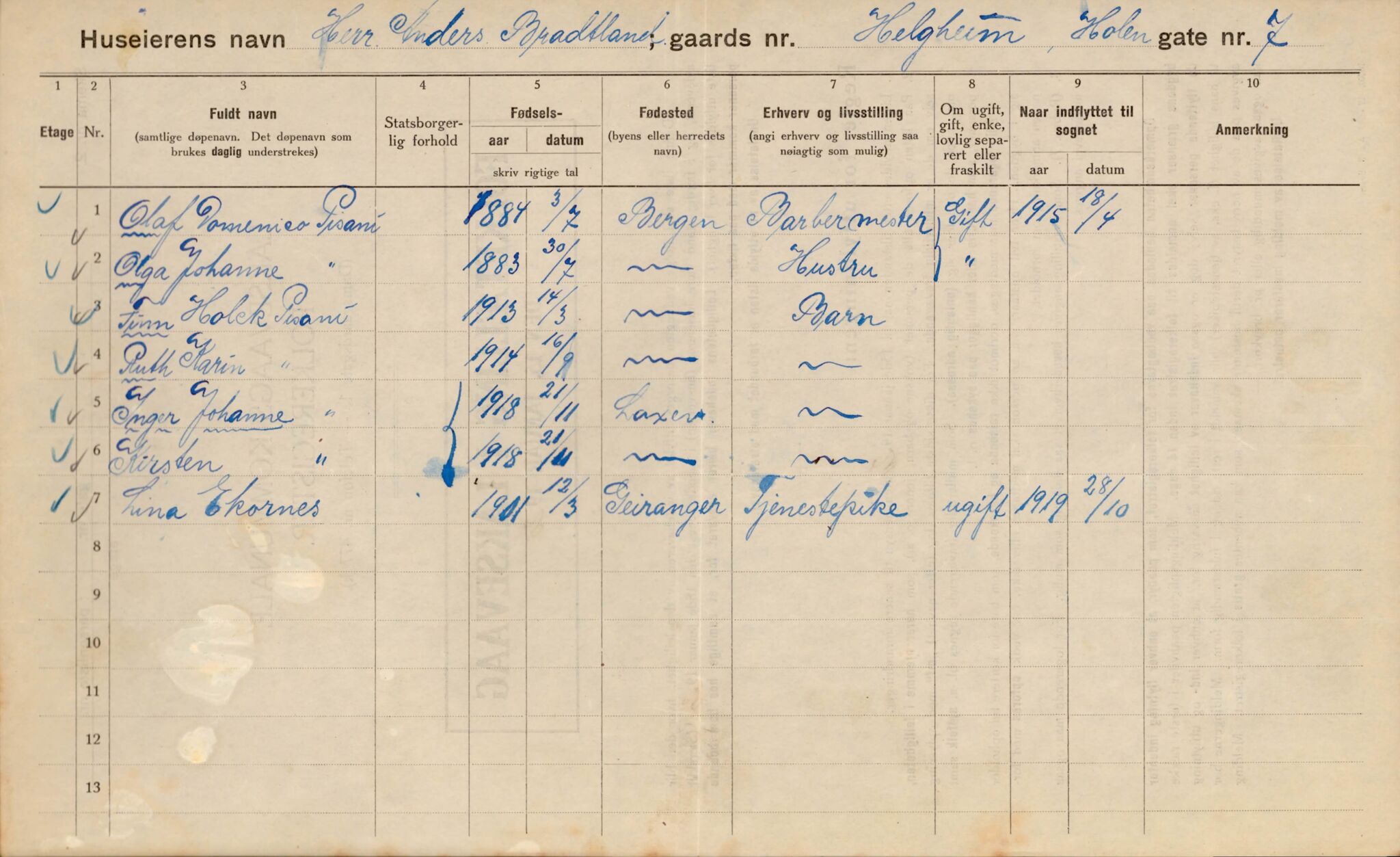 Laksevåg kommune. Folkeregisteret, BBA/A-1586/E/Ea/L0003: Folketellingskjema 1920, 1920