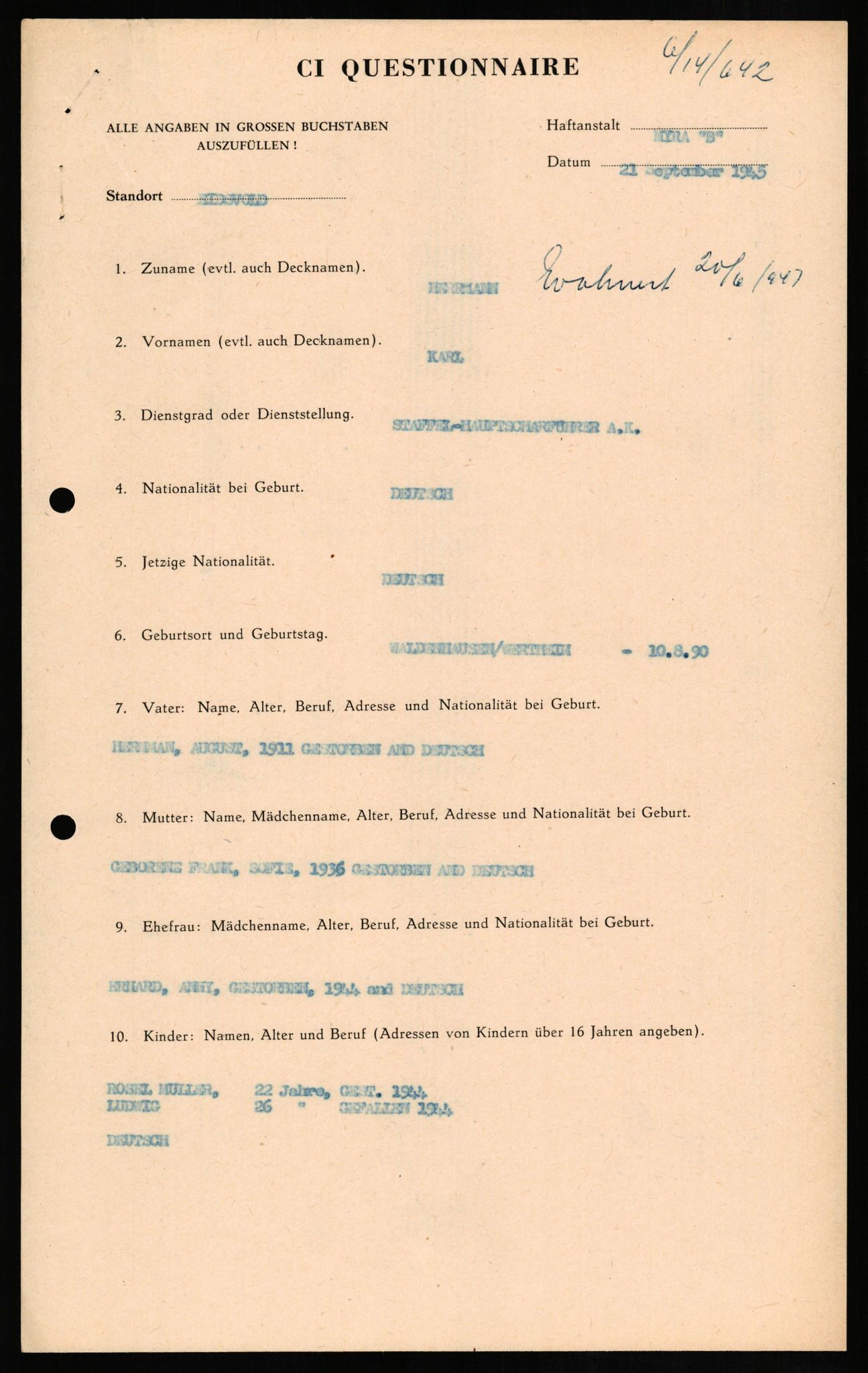 Forsvaret, Forsvarets overkommando II, AV/RA-RAFA-3915/D/Db/L0013: CI Questionaires. Tyske okkupasjonsstyrker i Norge. Tyskere., 1945-1946, s. 71