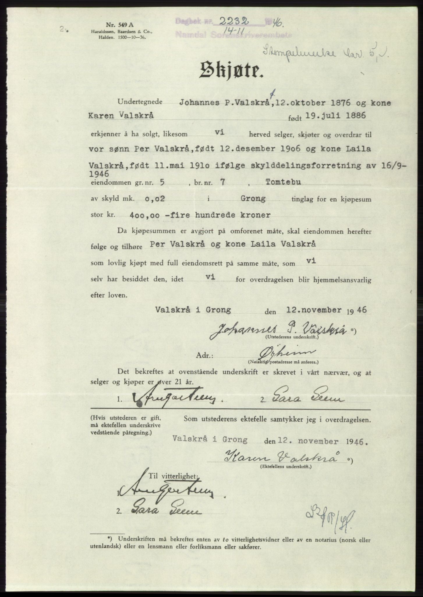 Namdal sorenskriveri, SAT/A-4133/1/2/2C: Pantebok nr. -, 1946-1947, Dagboknr: 2232/1946