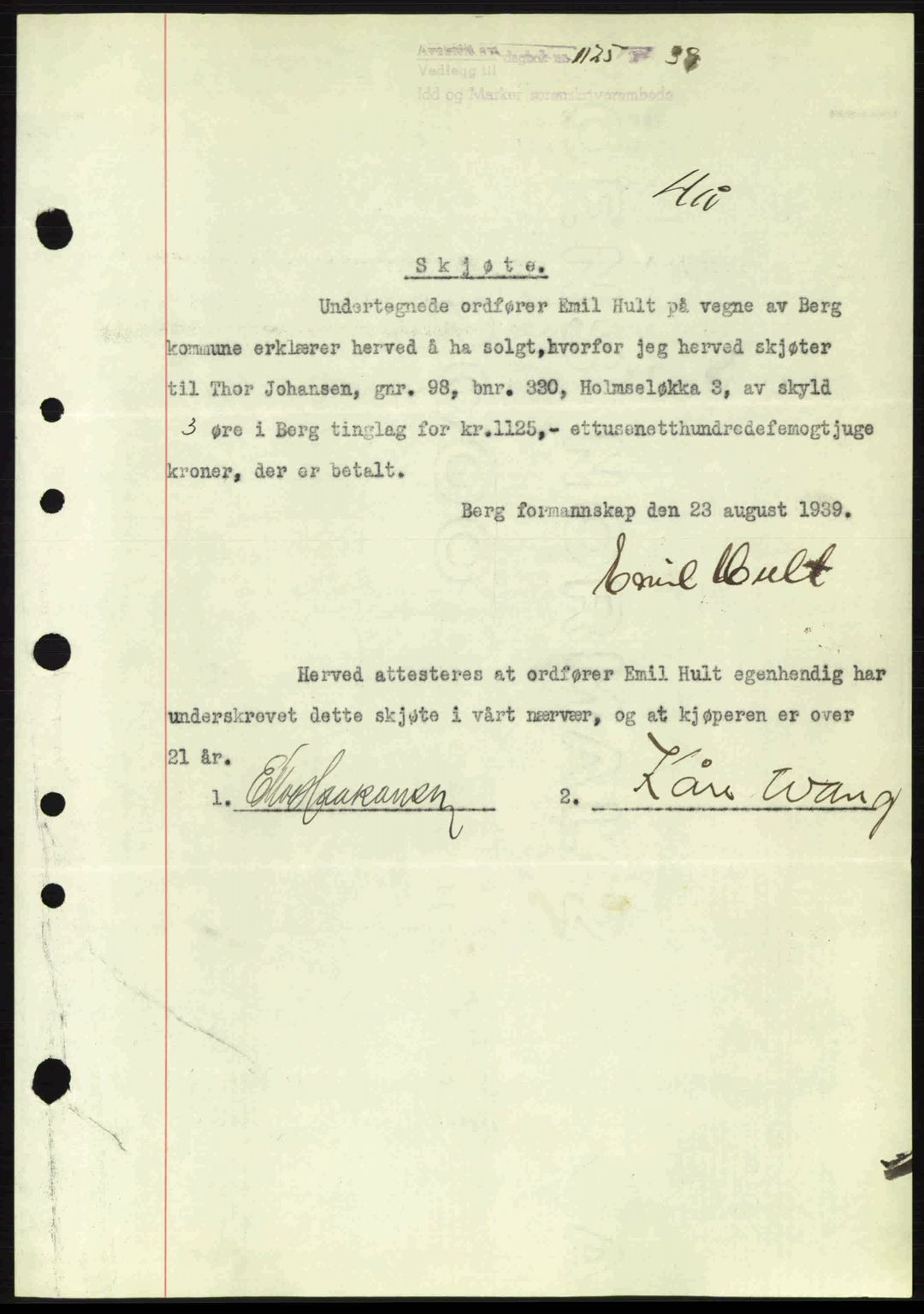 Idd og Marker sorenskriveri, AV/SAO-A-10283/G/Gb/Gbb/L0003: Pantebok nr. A3, 1938-1939, Dagboknr: 1125/1939