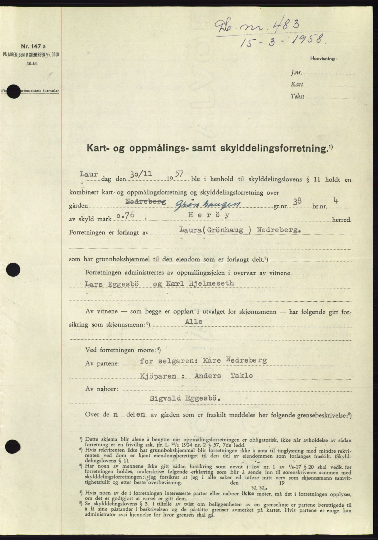 Søre Sunnmøre sorenskriveri, SAT/A-4122/1/2/2C/L0109: Pantebok nr. 35A, 1958-1958, Dagboknr: 483/1958