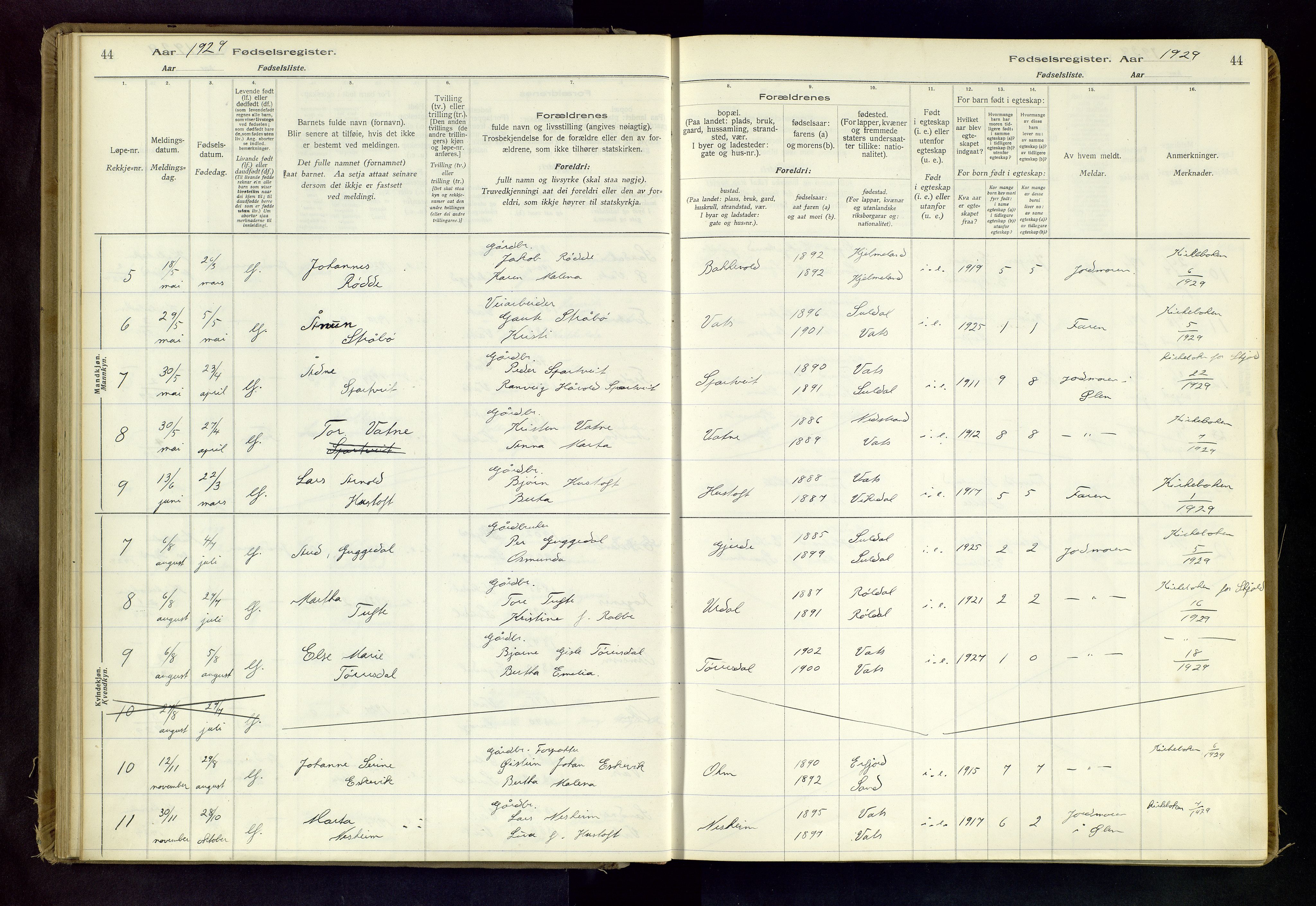 Skjold sokneprestkontor, AV/SAST-A-101847/I/Id/L0003: Fødselsregister nr. 3, 1917-1982, s. 44