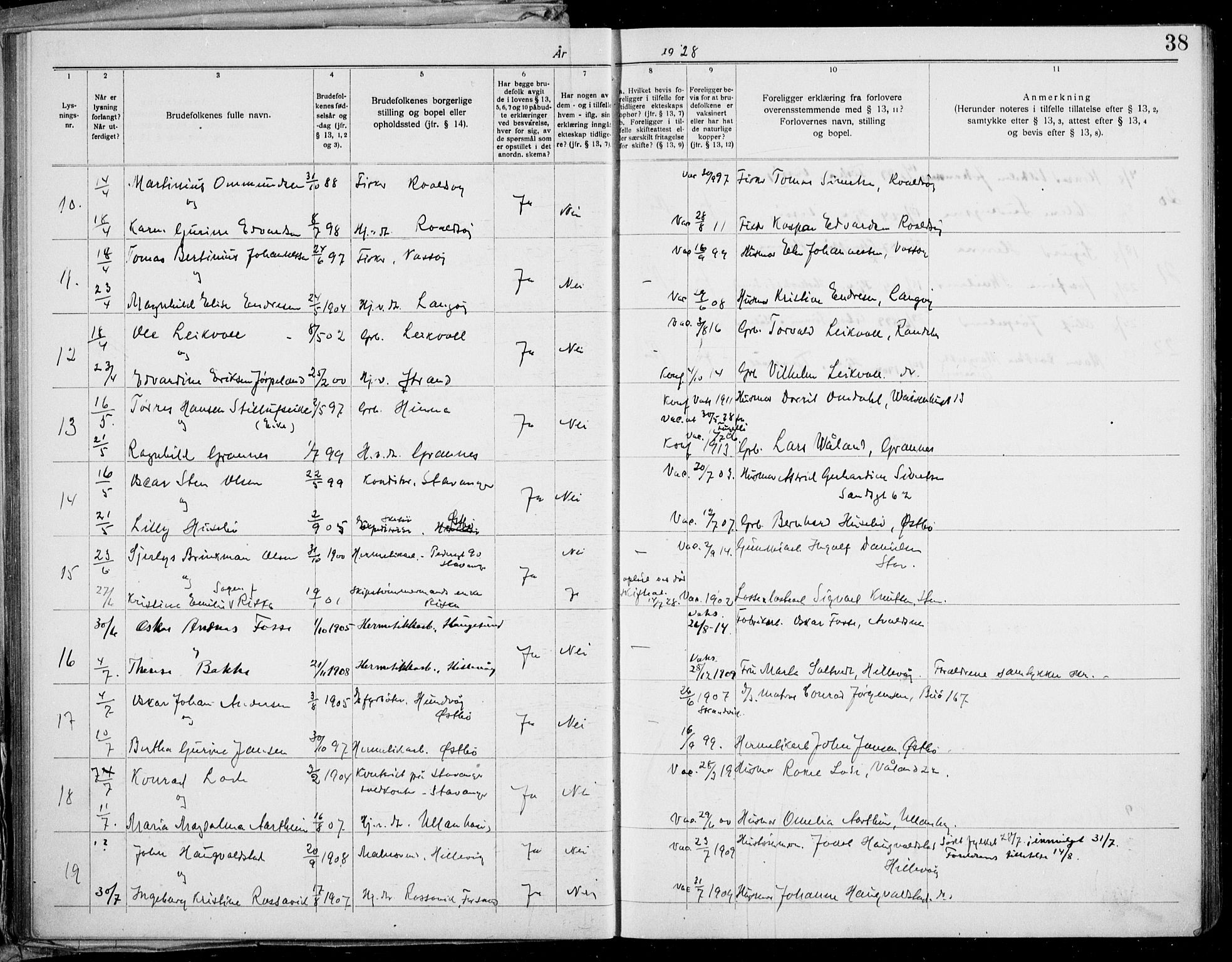 Hetland sokneprestkontor, AV/SAST-A-101826/70/705BA/L0006: Lysningsprotokoll nr. 705.BA.6, 1919-1939, s. 38