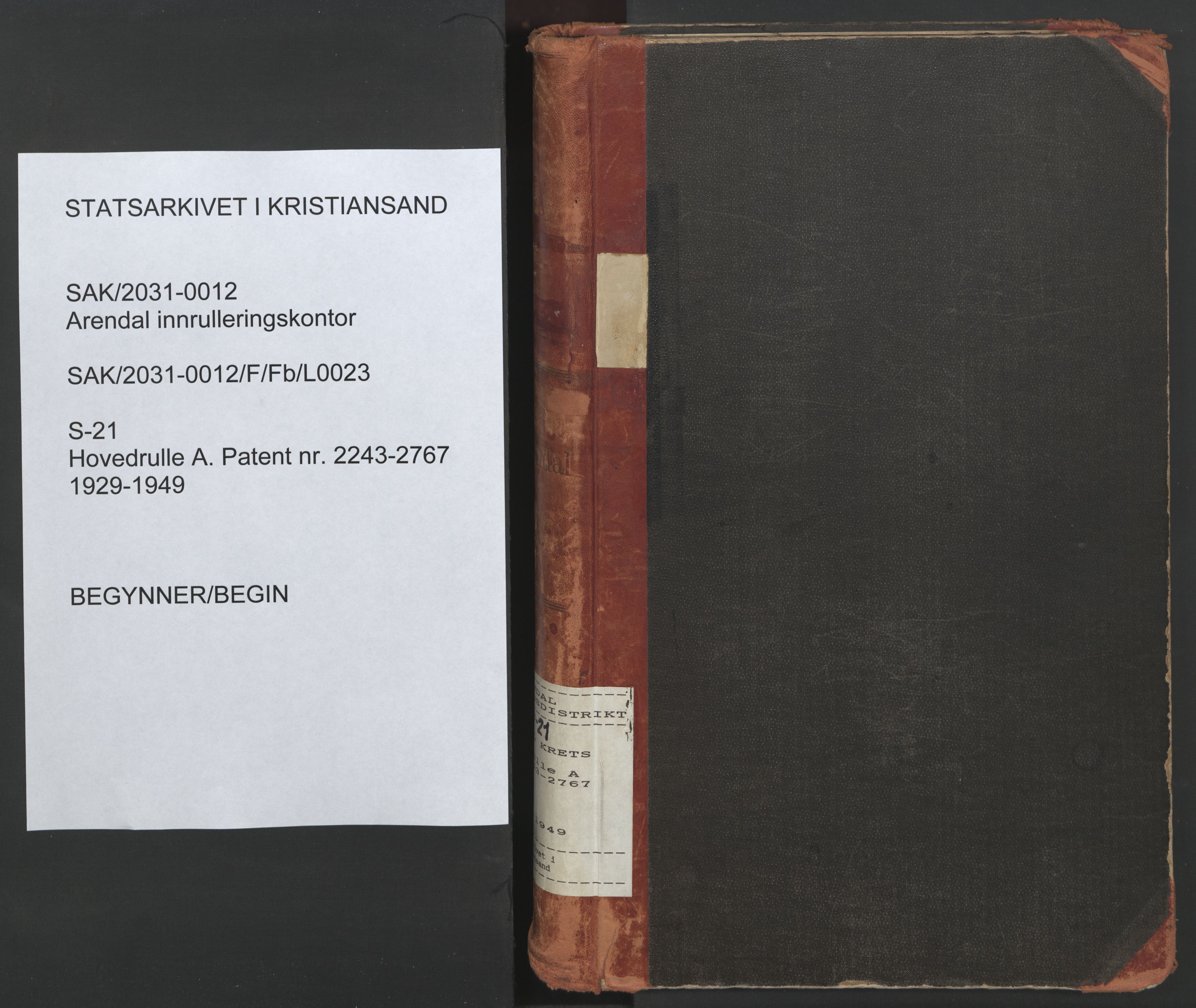 Arendal mønstringskrets, SAK/2031-0012/F/Fb/L0023: Hovedrulle A nr 2243-2767, S-21, 1929-1949, s. 1