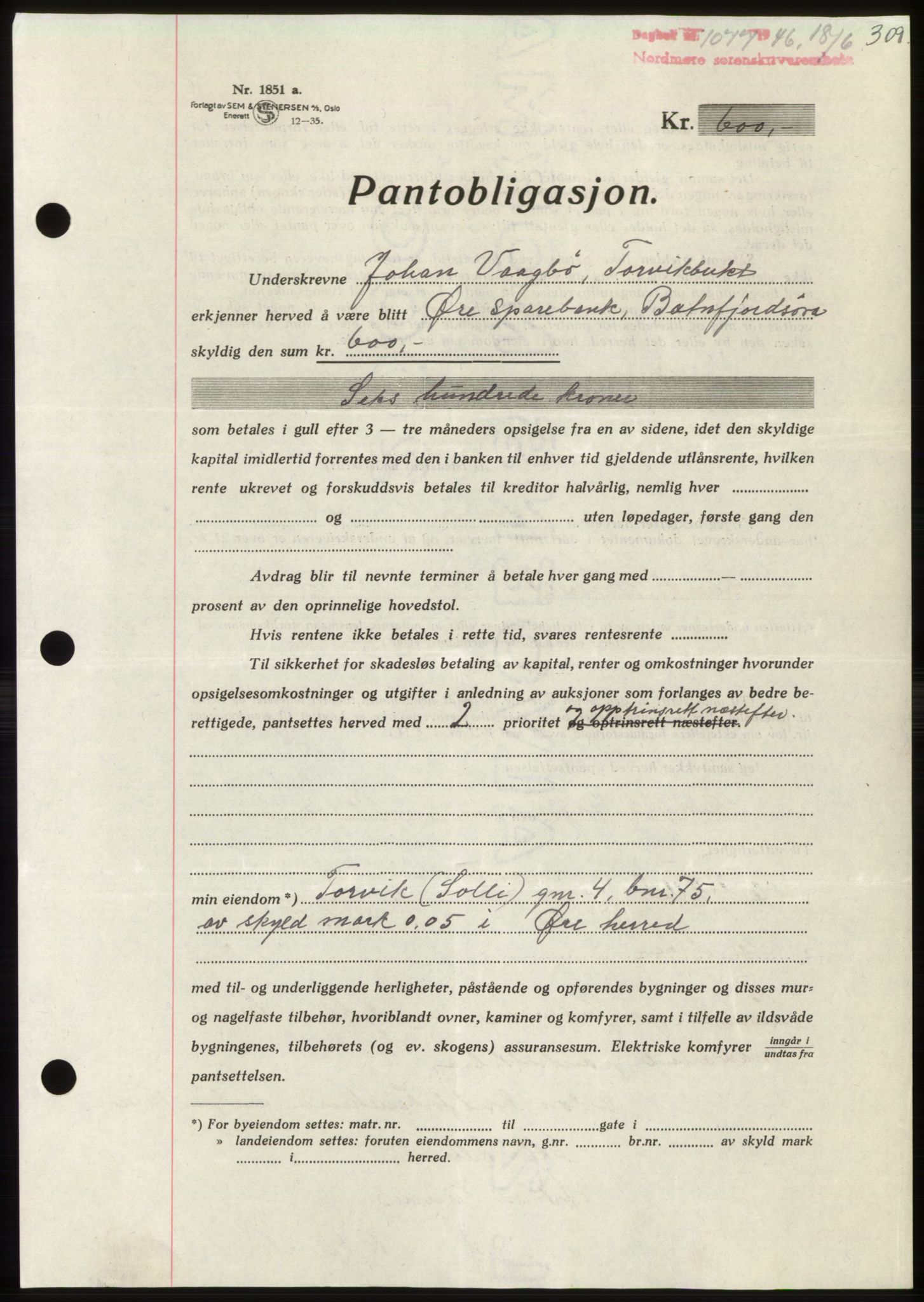 Nordmøre sorenskriveri, AV/SAT-A-4132/1/2/2Ca: Pantebok nr. B94, 1946-1946, Dagboknr: 1077/1946