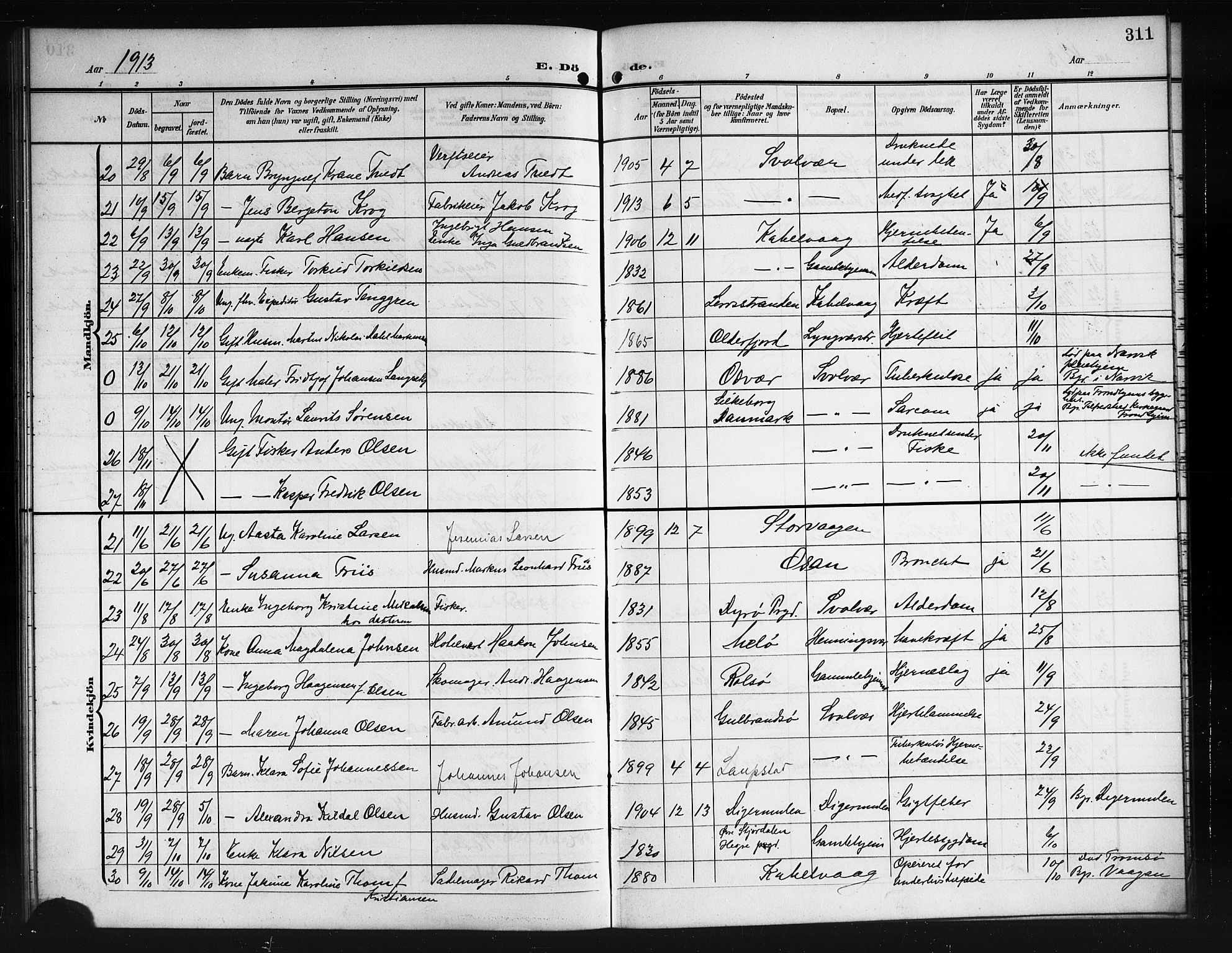 Ministerialprotokoller, klokkerbøker og fødselsregistre - Nordland, AV/SAT-A-1459/874/L1079: Klokkerbok nr. 874C08, 1907-1915, s. 311