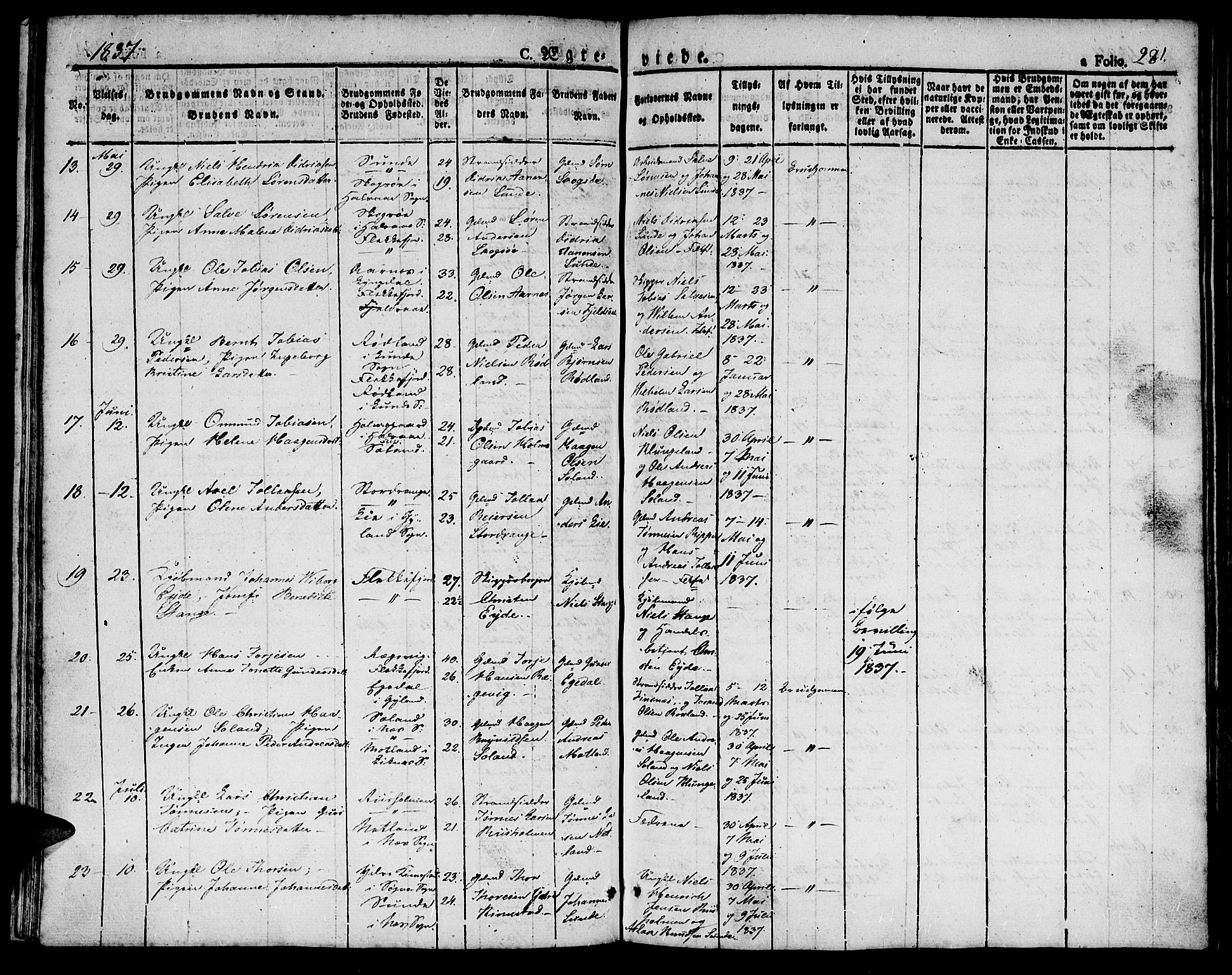 Flekkefjord sokneprestkontor, SAK/1111-0012/F/Fb/Fbc/L0004: Klokkerbok nr. B 4, 1827-1846, s. 281