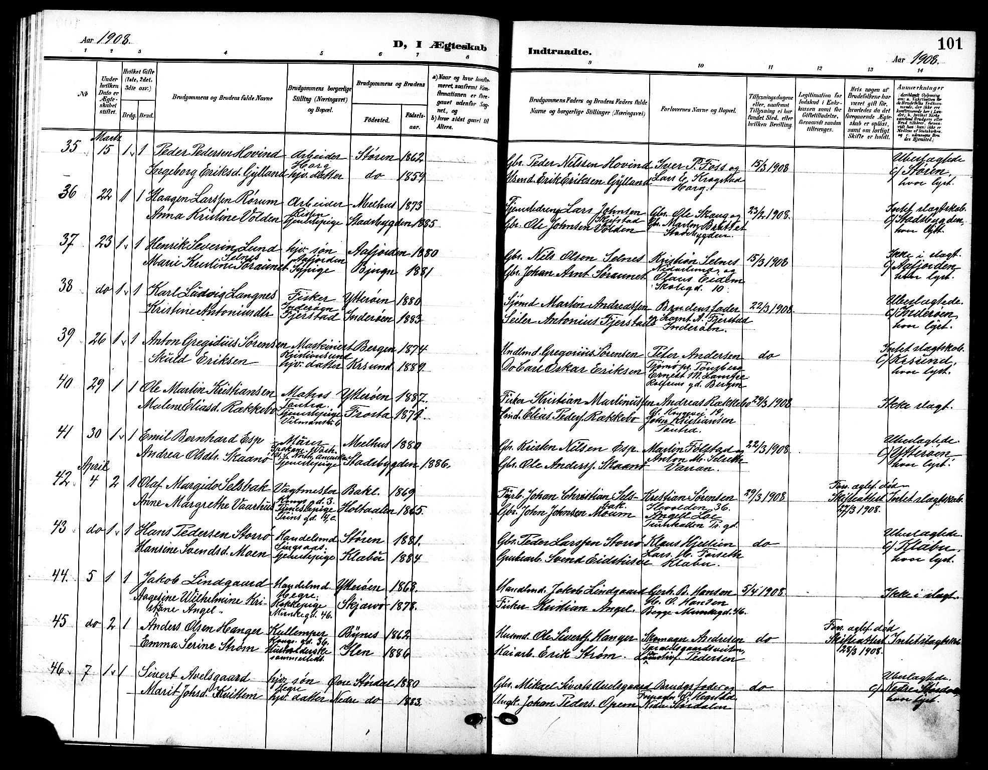 Ministerialprotokoller, klokkerbøker og fødselsregistre - Sør-Trøndelag, AV/SAT-A-1456/601/L0095: Klokkerbok nr. 601C13, 1902-1911, s. 101