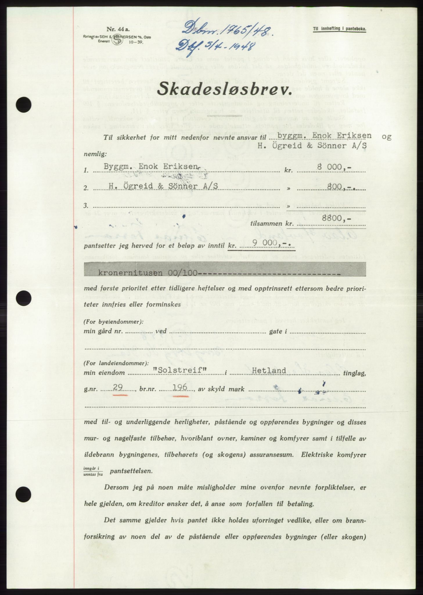 Jæren sorenskriveri, SAST/A-100310/03/G/Gba/L0098: Pantebok, 1948-1948, Dagboknr: 1765/1948
