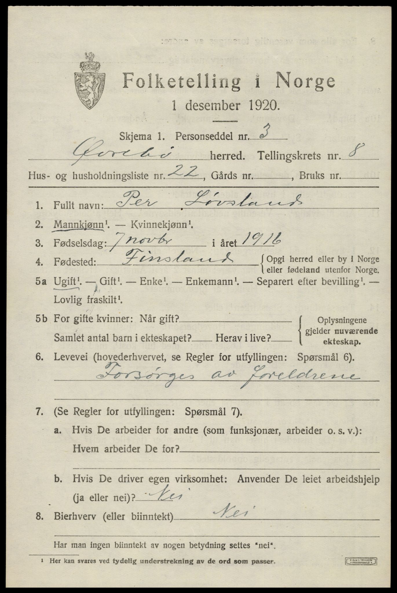 SAK, Folketelling 1920 for 1016 Øvrebø herred, 1920, s. 1926