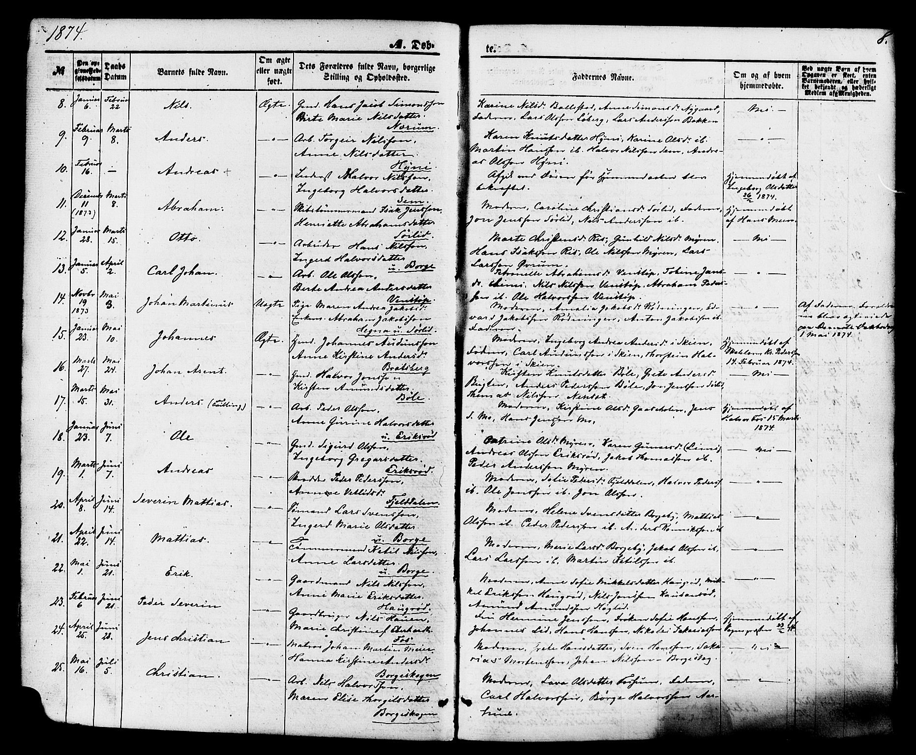 Gjerpen kirkebøker, AV/SAKO-A-265/F/Fa/L0009: Ministerialbok nr. I 9, 1872-1885, s. 8