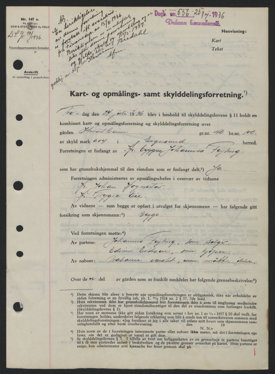 Dalane sorenskriveri, SAST/A-100309/02/G/Gb/L0040: Pantebok nr. A1, 1936-1936, Dagboknr: 556/1936