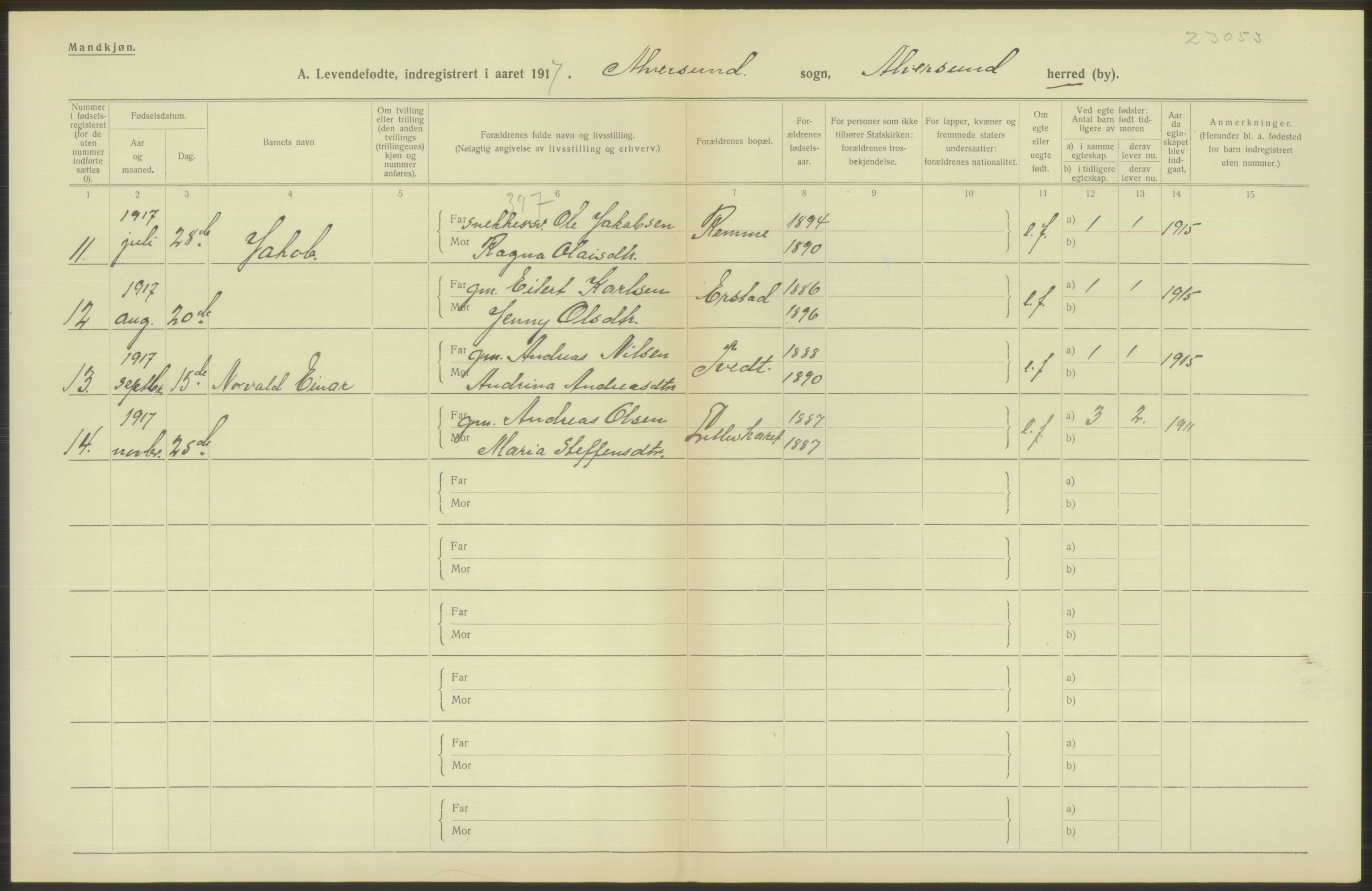 Statistisk sentralbyrå, Sosiodemografiske emner, Befolkning, RA/S-2228/D/Df/Dfb/Dfbg/L0034: S. Bergenhus amt: Levendefødte menn og kvinner. Bygder., 1917, s. 152