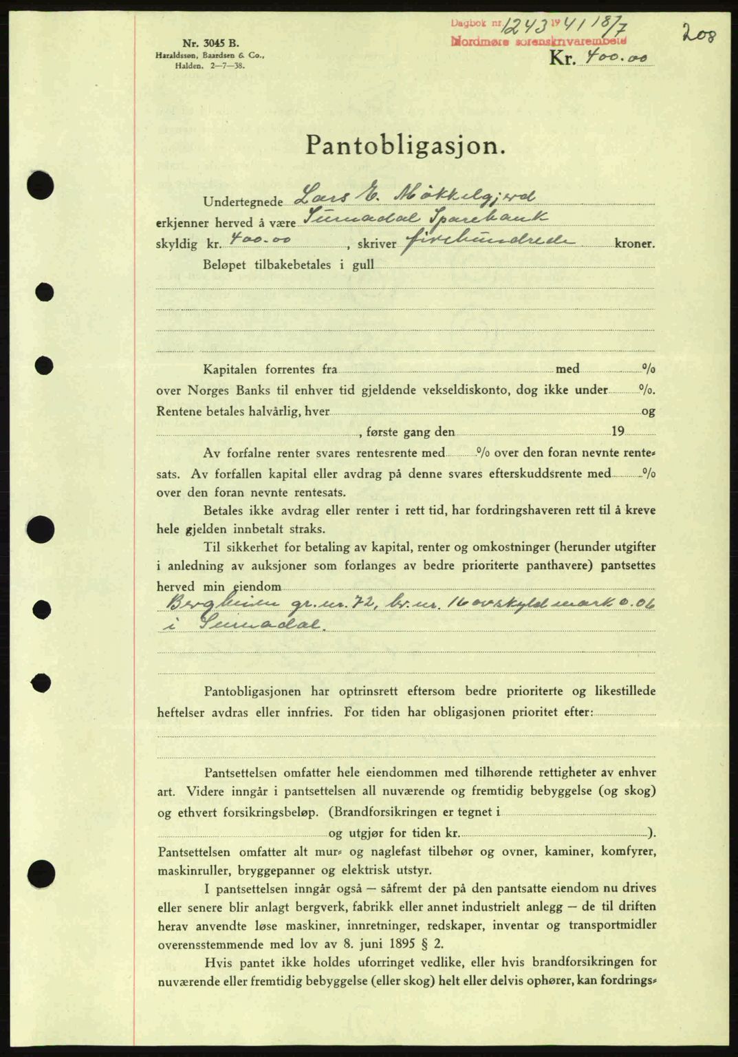 Nordmøre sorenskriveri, SAT/A-4132/1/2/2Ca: Pantebok nr. B88, 1941-1942, Dagboknr: 1243/1941