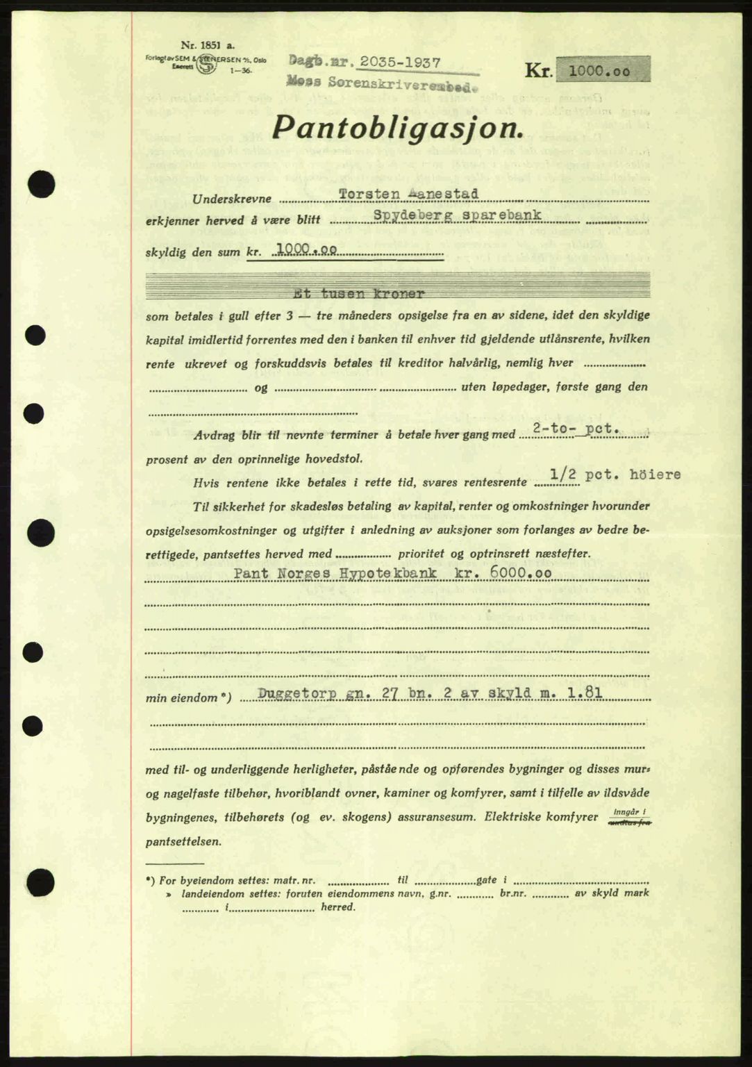 Moss sorenskriveri, SAO/A-10168: Pantebok nr. B4, 1937-1938, Dagboknr: 2035/1937