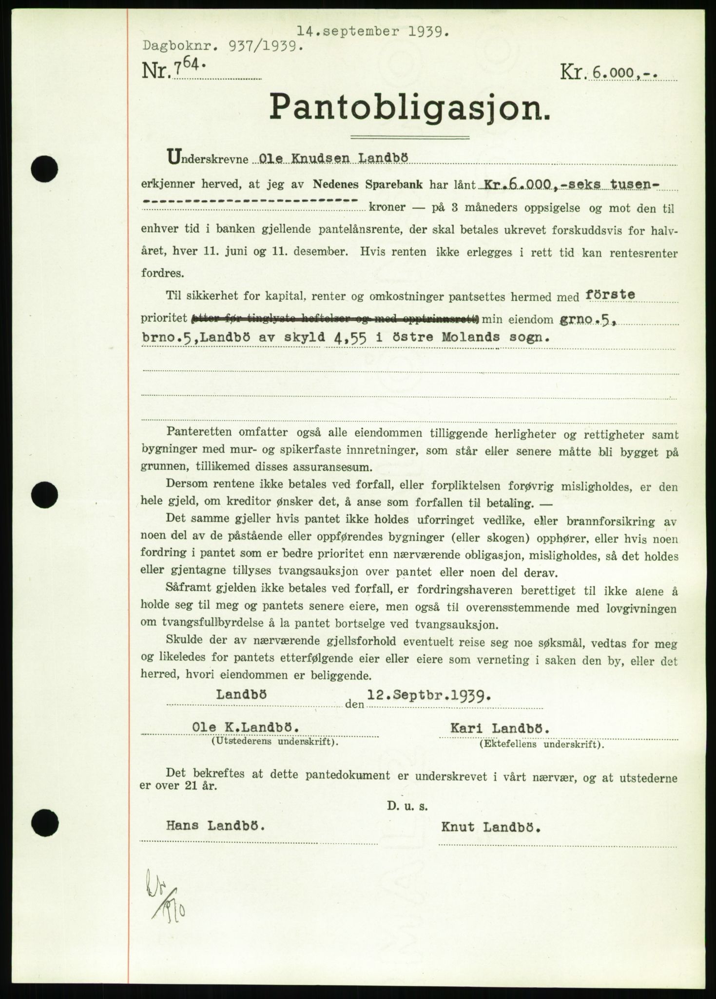 Nedenes sorenskriveri, SAK/1221-0006/G/Gb/Gbb/L0001: Pantebok nr. I, 1939-1942, Dagboknr: 937/1939