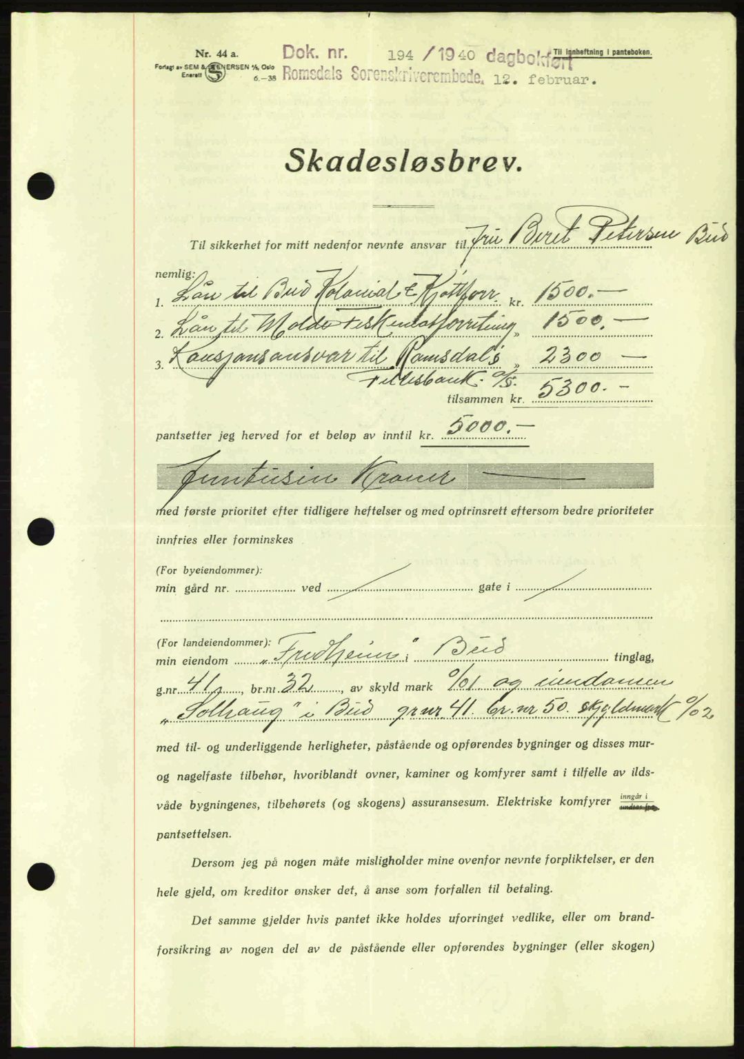 Romsdal sorenskriveri, SAT/A-4149/1/2/2C: Pantebok nr. B2, 1939-1945, Dagboknr: 194/1940