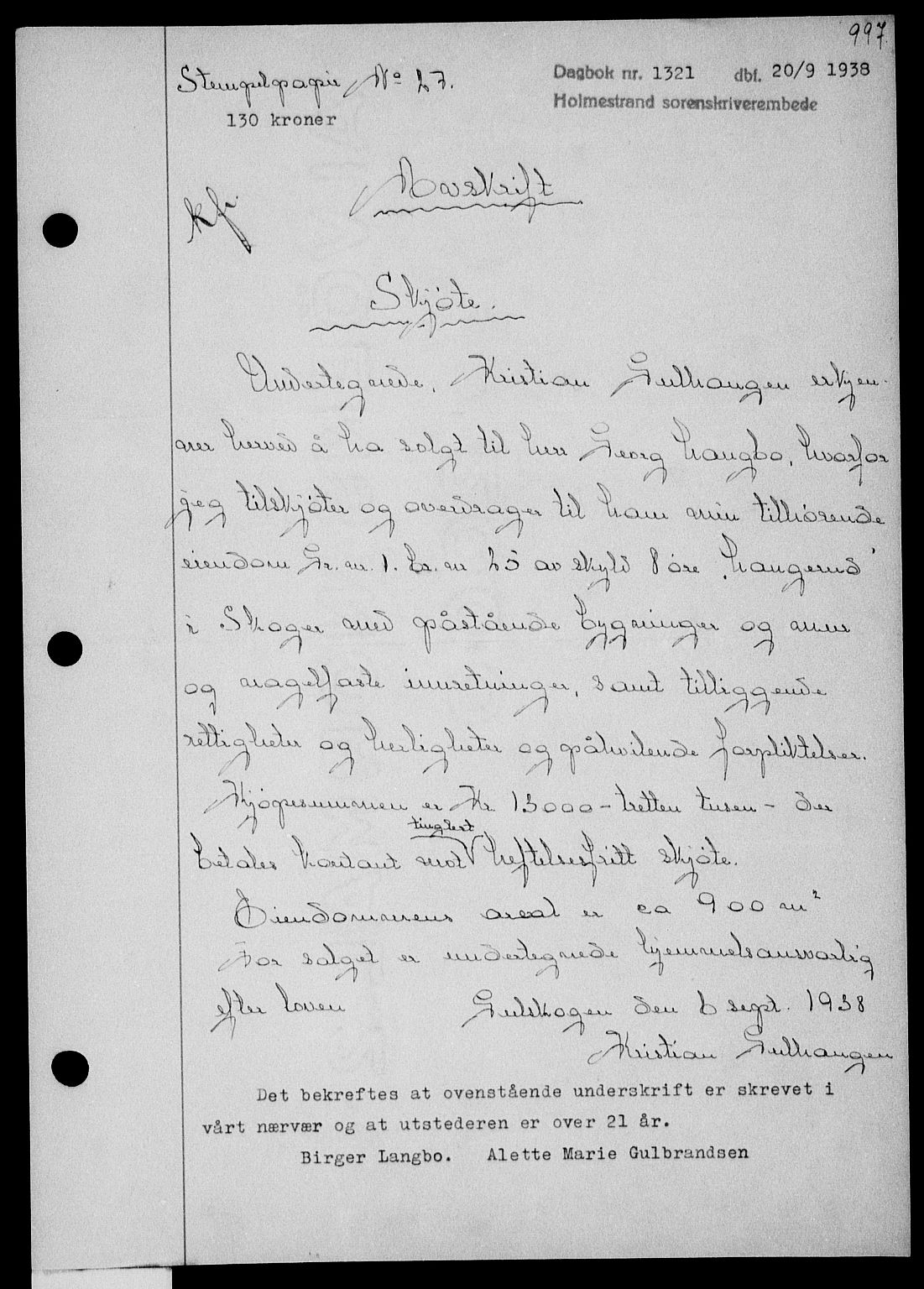 Holmestrand sorenskriveri, SAKO/A-67/G/Ga/Gaa/L0049: Pantebok nr. A-49, 1937-1938, Dagboknr: 1321/1938