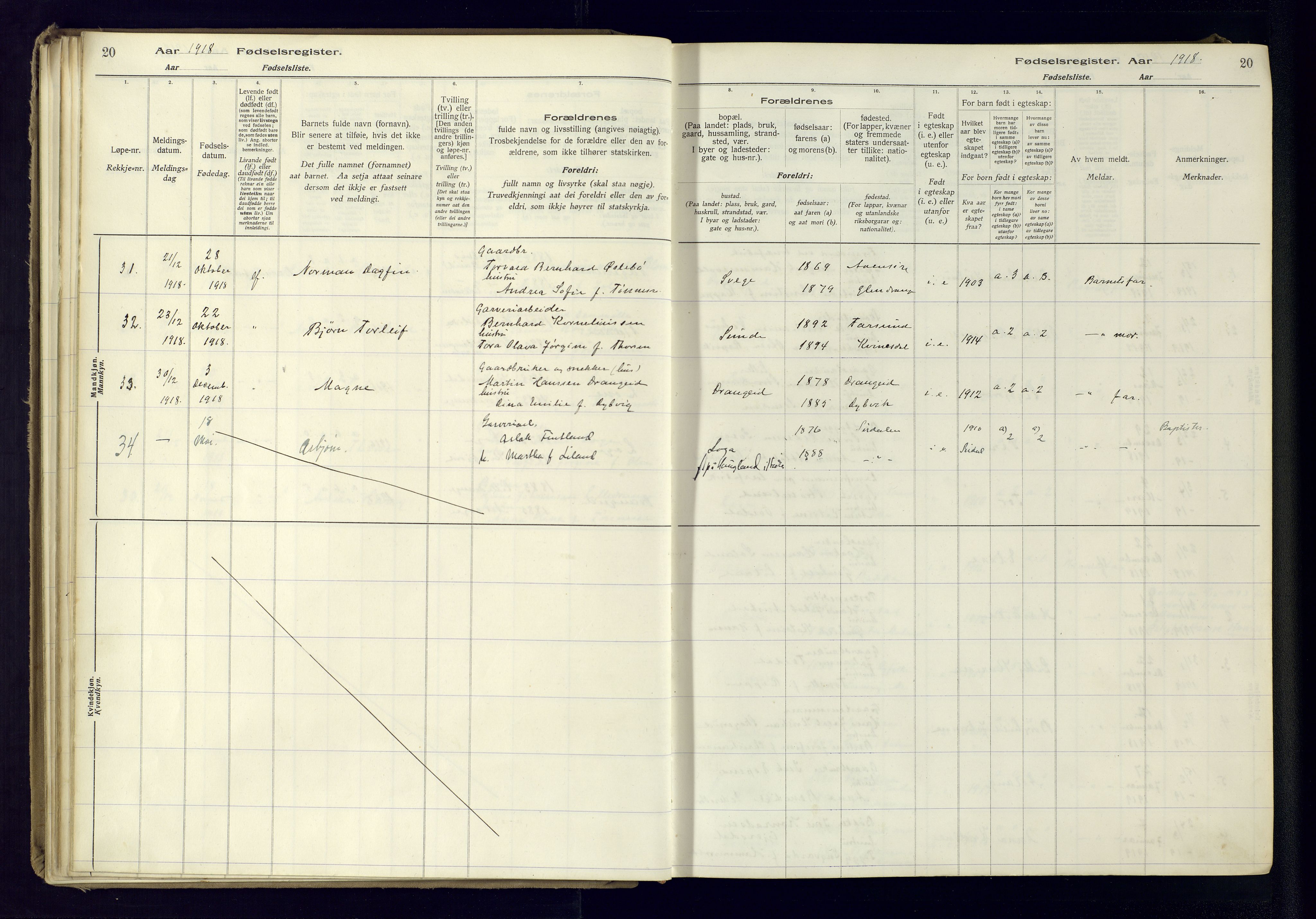 Flekkefjord sokneprestkontor, AV/SAK-1111-0012/J/Ja/L0005: Fødselsregister nr. 5, 1916-1950, s. 20