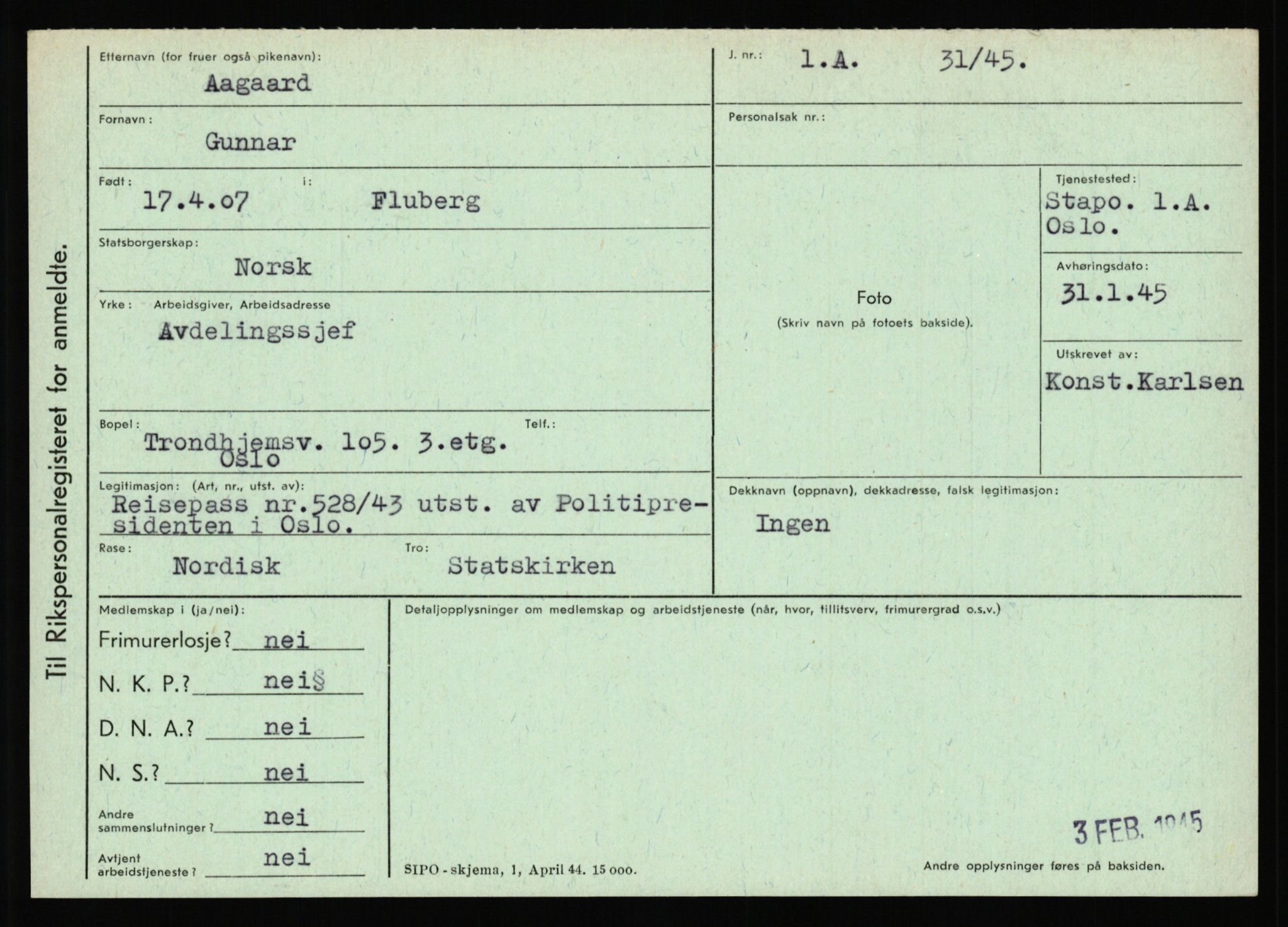 Statspolitiet - Hovedkontoret / Osloavdelingen, AV/RA-S-1329/C/Ca/L0001: Aabakken - Armann, 1943-1945, s. 86