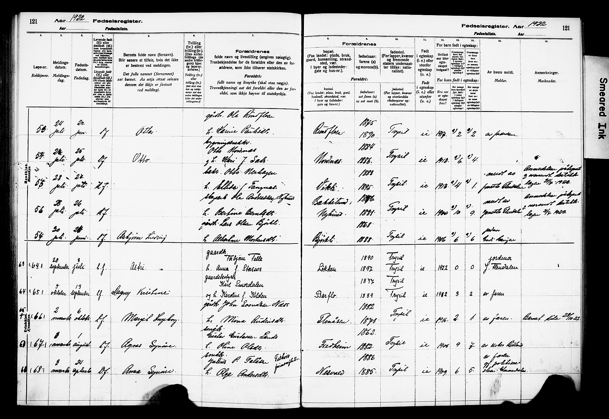 Trysil prestekontor, AV/SAH-PREST-046/I/Id/Ida/L0001: Fødselsregister nr. I 1, 1916-1927, s. 121