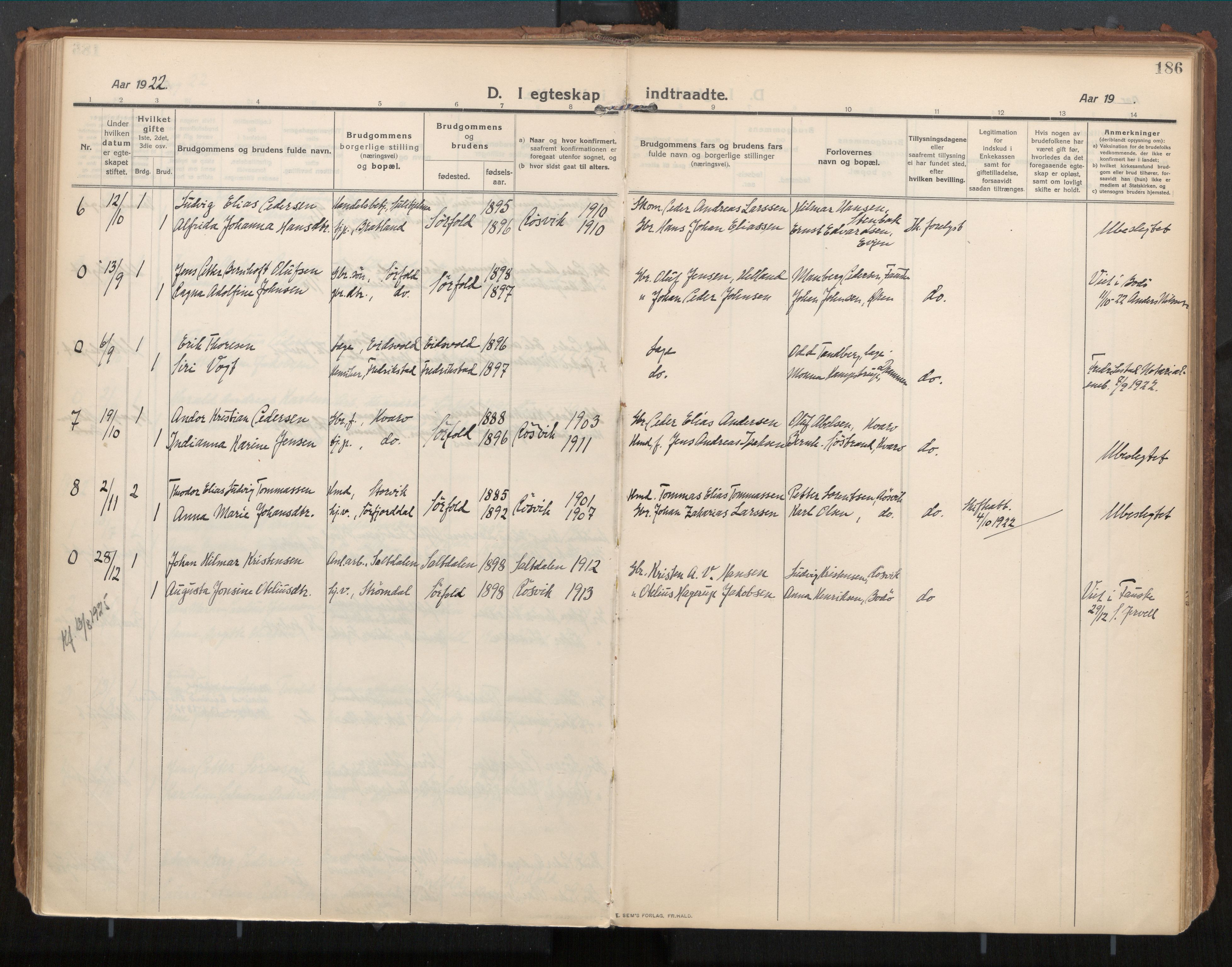 Ministerialprotokoller, klokkerbøker og fødselsregistre - Nordland, SAT/A-1459/854/L0784: Ministerialbok nr. 854A07, 1910-1922, s. 186