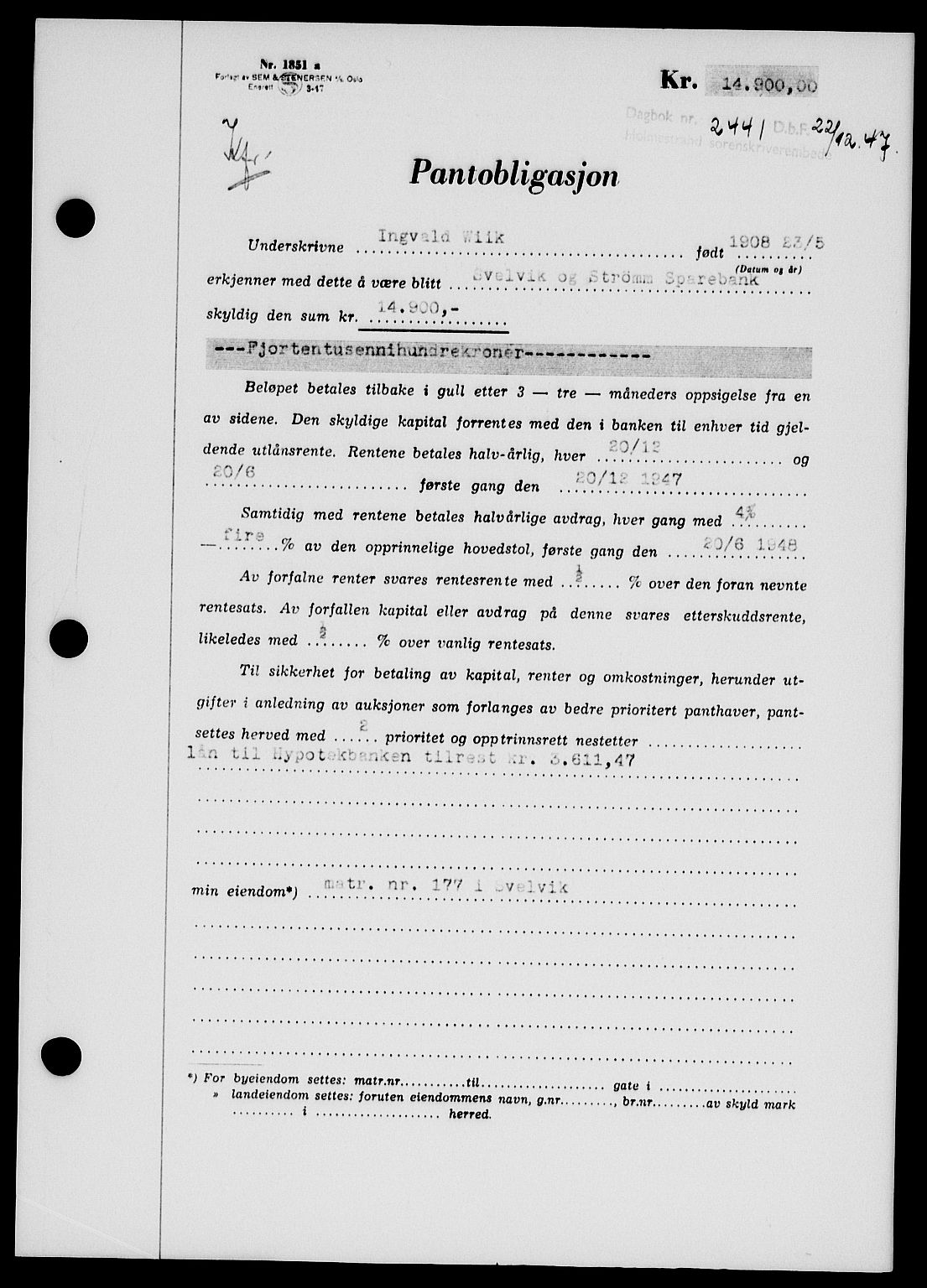 Holmestrand sorenskriveri, SAKO/A-67/G/Ga/Gab/L0058: Pantebok nr. B-58, 1947-1948, Dagboknr: 2441/1947