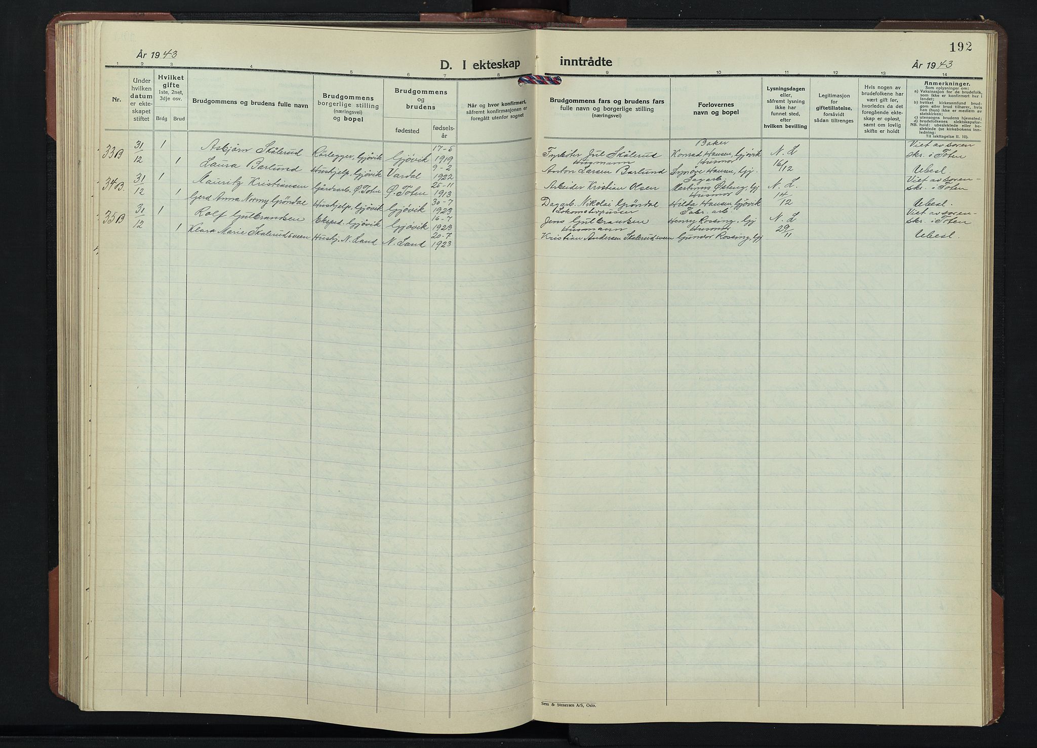 Gjøvik prestekontor, AV/SAH-PREST-098/H/Ha/Hab/L0001: Klokkerbok nr. 1, 1941-1951, s. 192