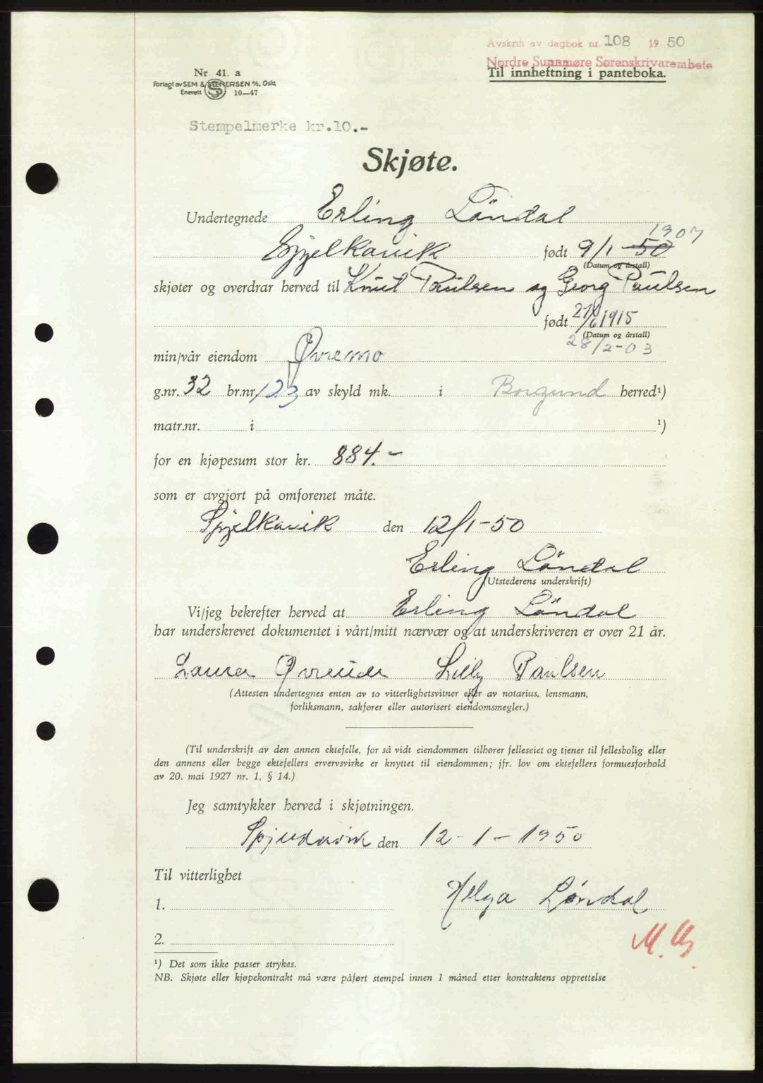 Nordre Sunnmøre sorenskriveri, AV/SAT-A-0006/1/2/2C/2Ca: Pantebok nr. A33, 1949-1950, Dagboknr: 108/1950