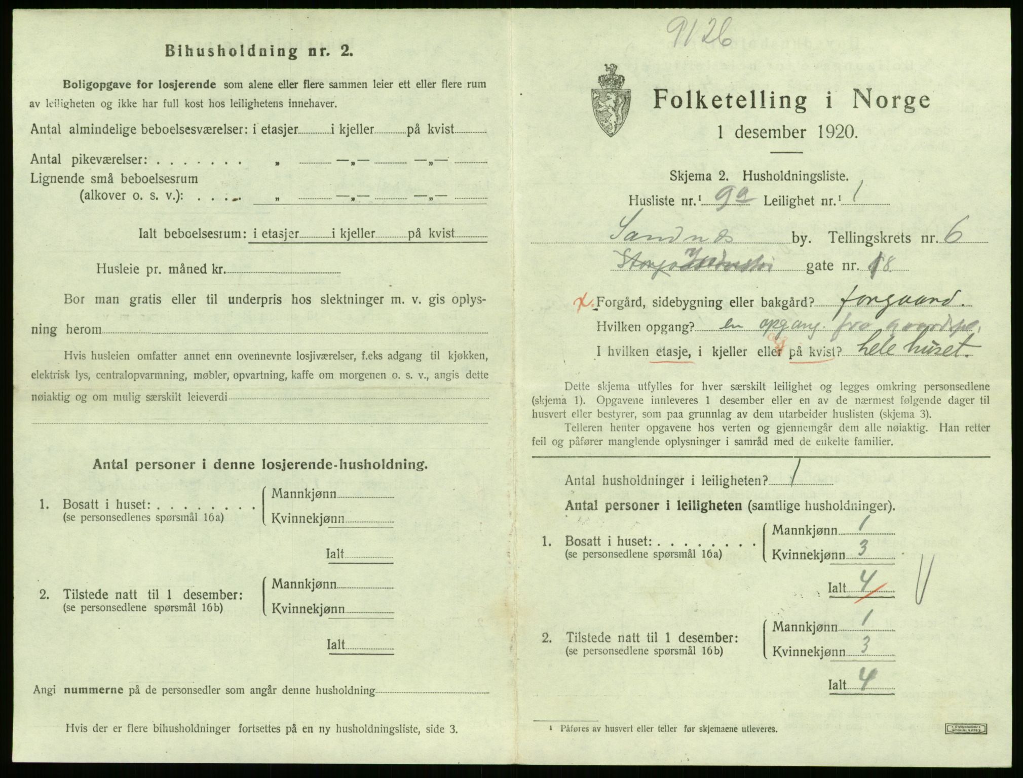 SAST, Folketelling 1920 for 1102 Sandnes ladested, 1920, s. 93