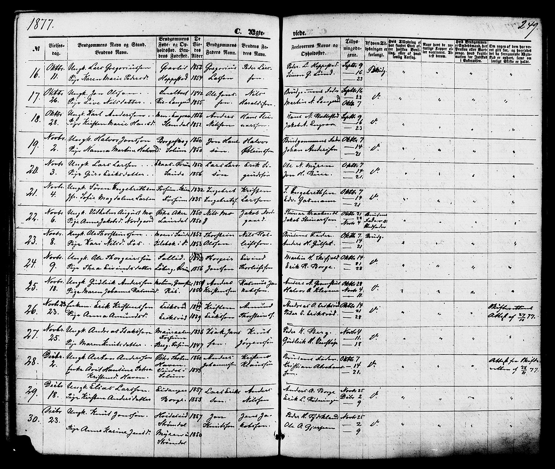 Gjerpen kirkebøker, AV/SAKO-A-265/F/Fa/L0009: Ministerialbok nr. I 9, 1872-1885, s. 249