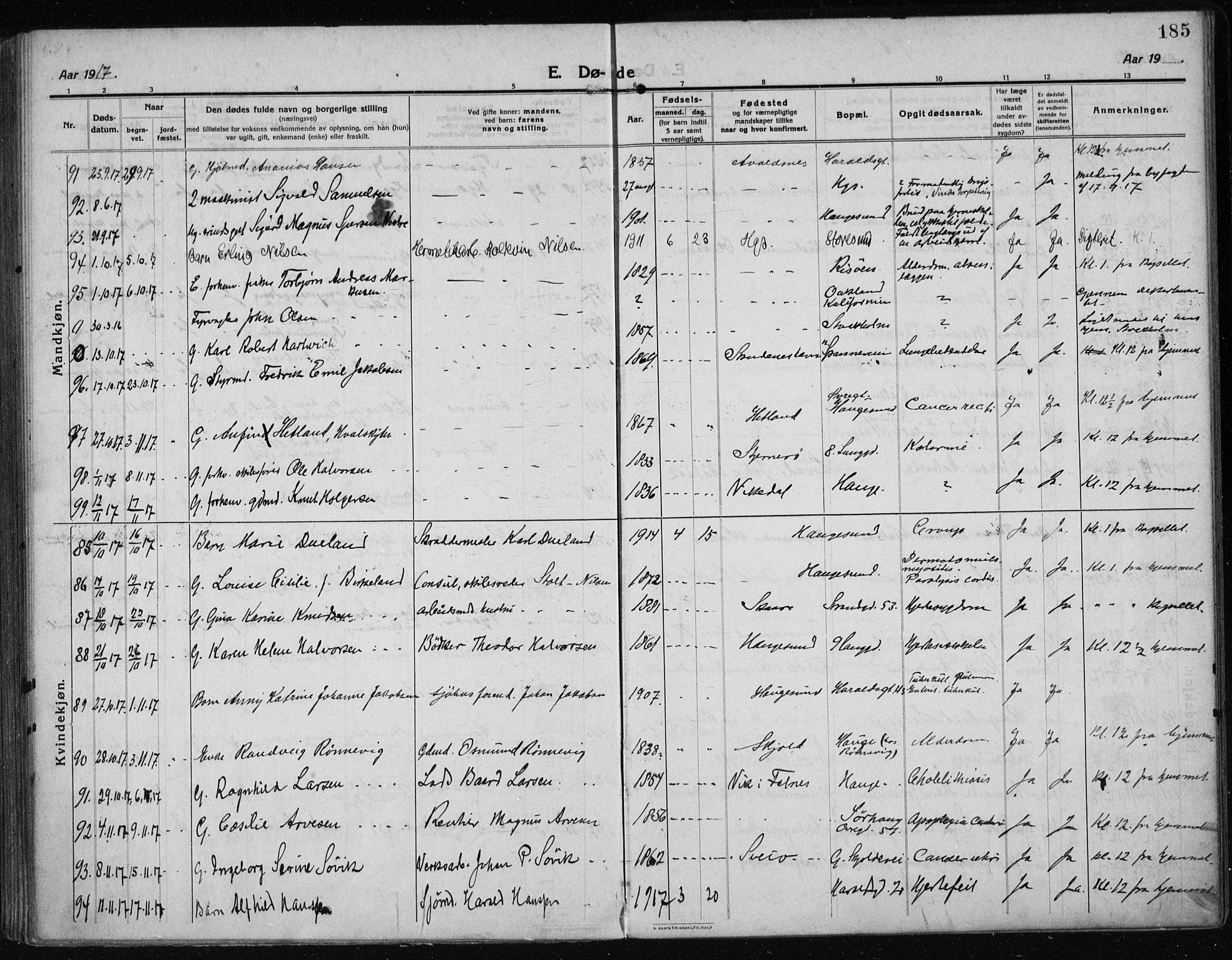 Haugesund sokneprestkontor, SAST/A -101863/H/Ha/Haa/L0009: Ministerialbok nr. A 9, 1914-1929, s. 185