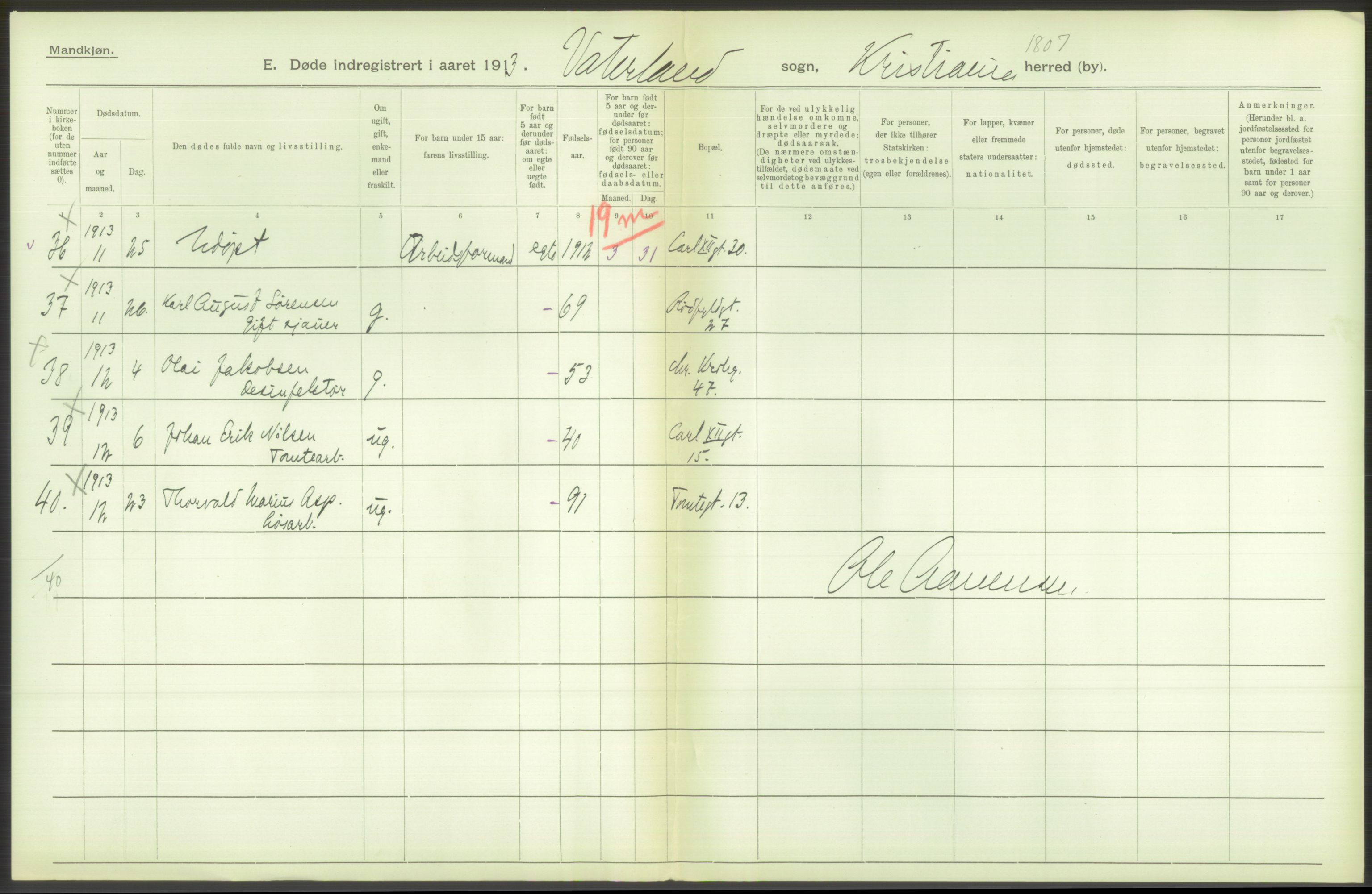 Statistisk sentralbyrå, Sosiodemografiske emner, Befolkning, AV/RA-S-2228/D/Df/Dfb/Dfbc/L0010: Kristiania: Døde, dødfødte., 1913, s. 346