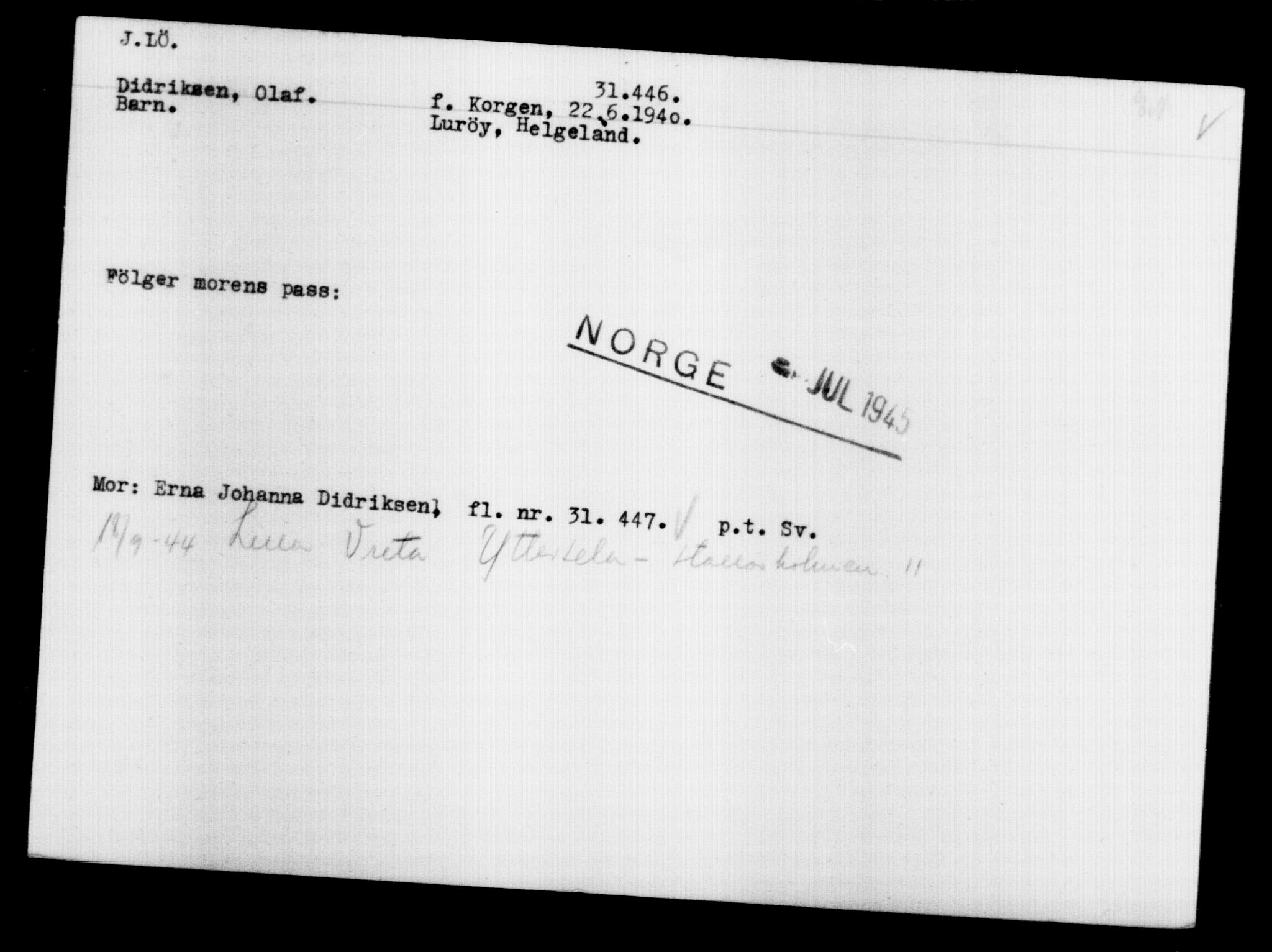 Utenriksstasjonene, Legasjonen i Stockholm, Flyktningkontoret, AV/RA-S-6753/V/Va/L0012: Kjesäterkartoteket, flyktninger med registreringsnr. 28300-31566, 1940-1945, s. 3407