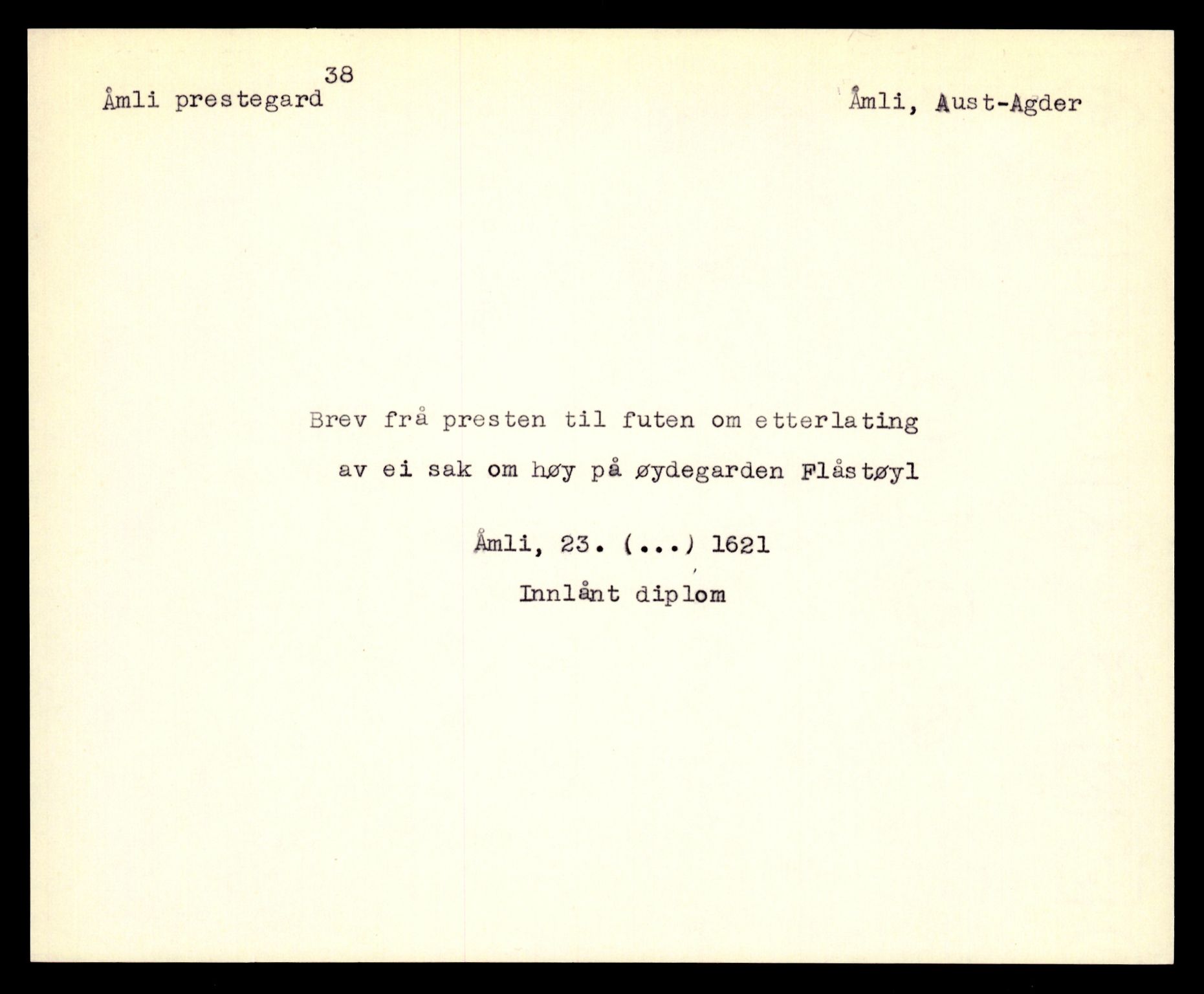Riksarkivets diplomsamling, AV/RA-EA-5965/F35/F35e/L0024: Registreringssedler Aust-Agder 2, 1400-1700, s. 177