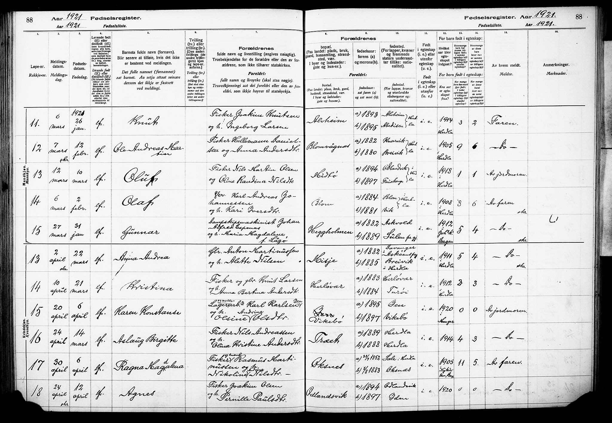 Herdla Sokneprestembete, AV/SAB-A-75701/I/Id/L00A1: Fødselsregister nr. A 1, 1916-1929, s. 88