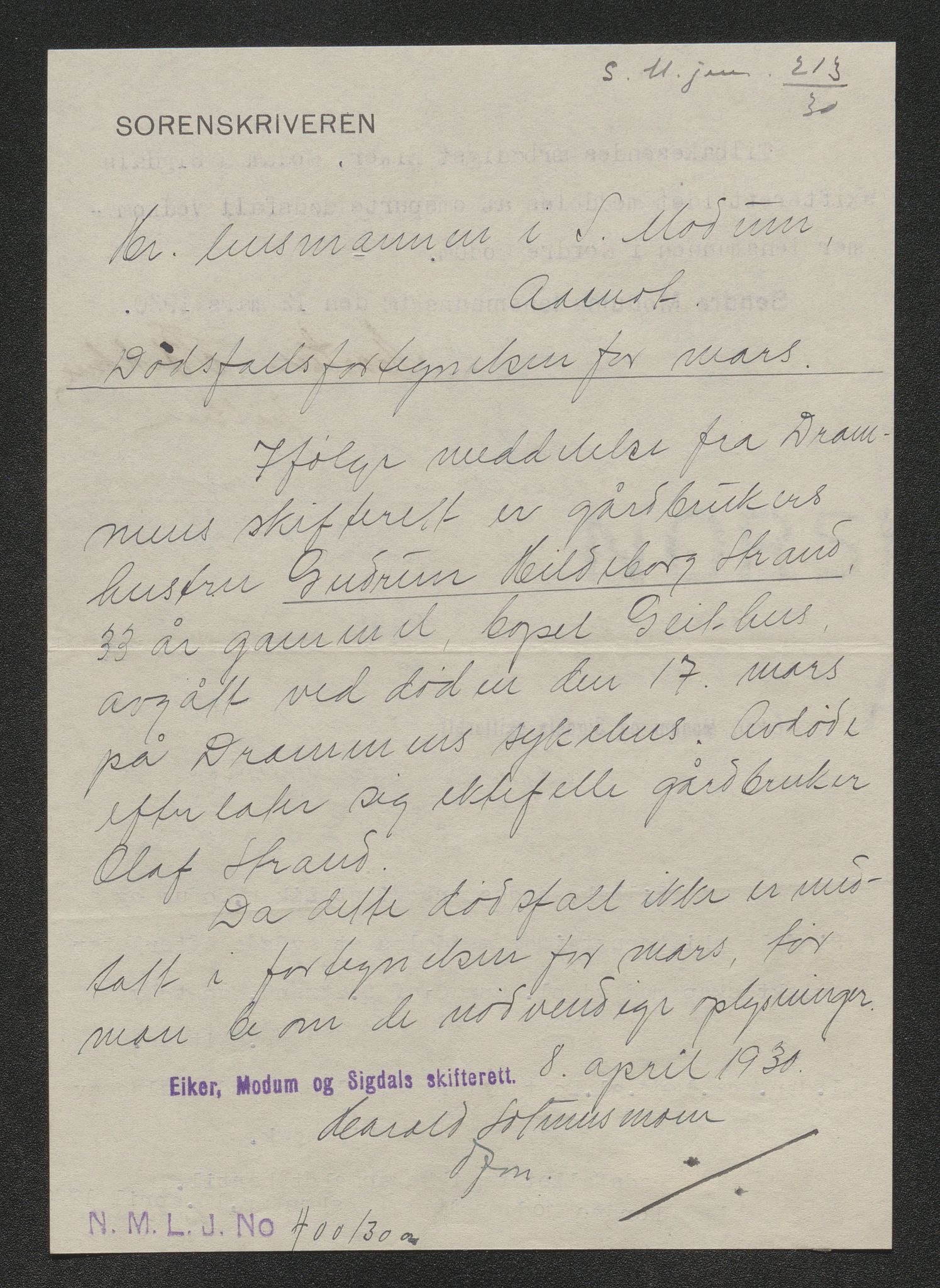 Eiker, Modum og Sigdal sorenskriveri, AV/SAKO-A-123/H/Ha/Hab/L0046: Dødsfallsmeldinger, 1930-1931, s. 147