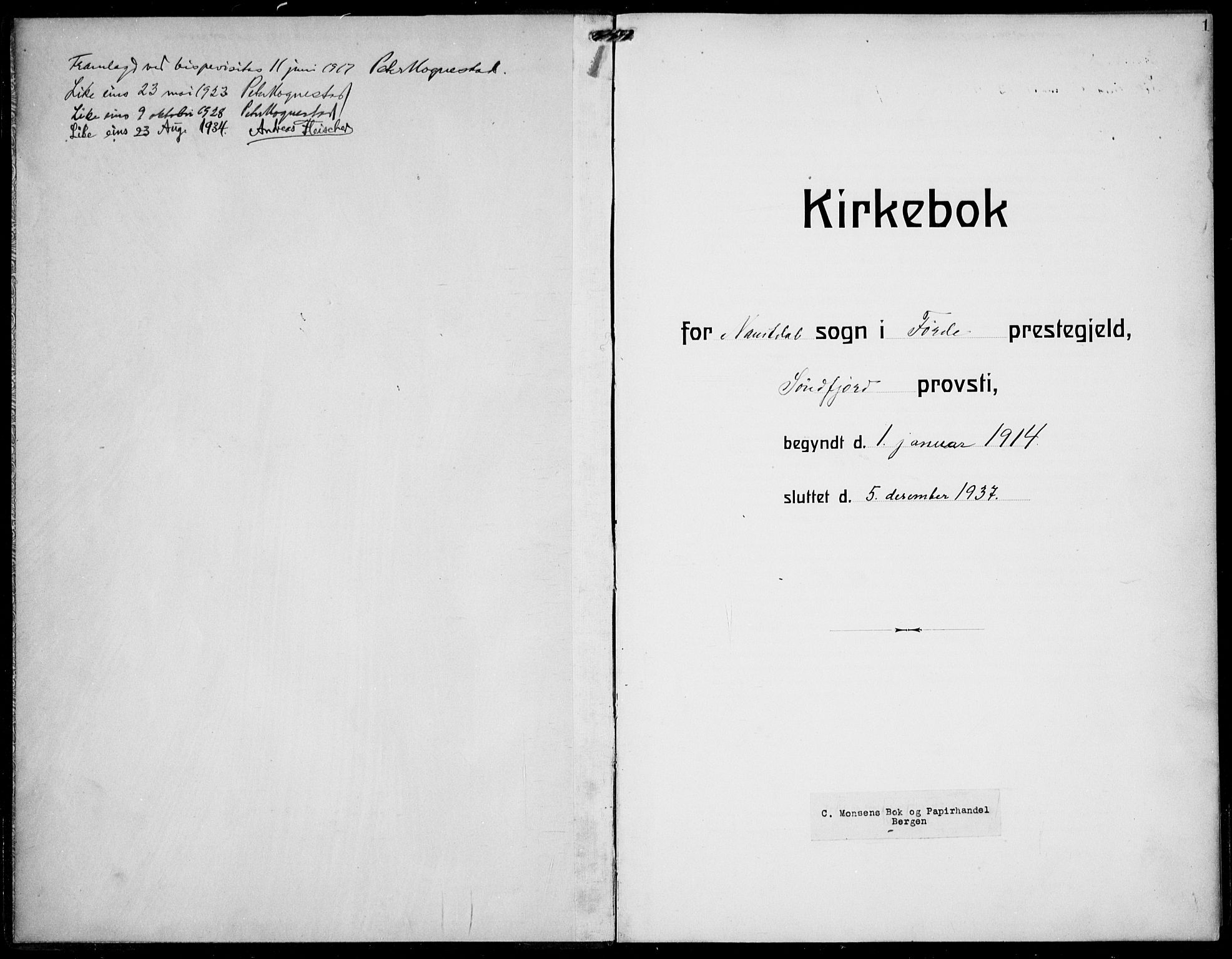 Førde sokneprestembete, AV/SAB-A-79901/H/Hab/Habd/L0006: Klokkerbok nr. D 6, 1914-1937, s. 1