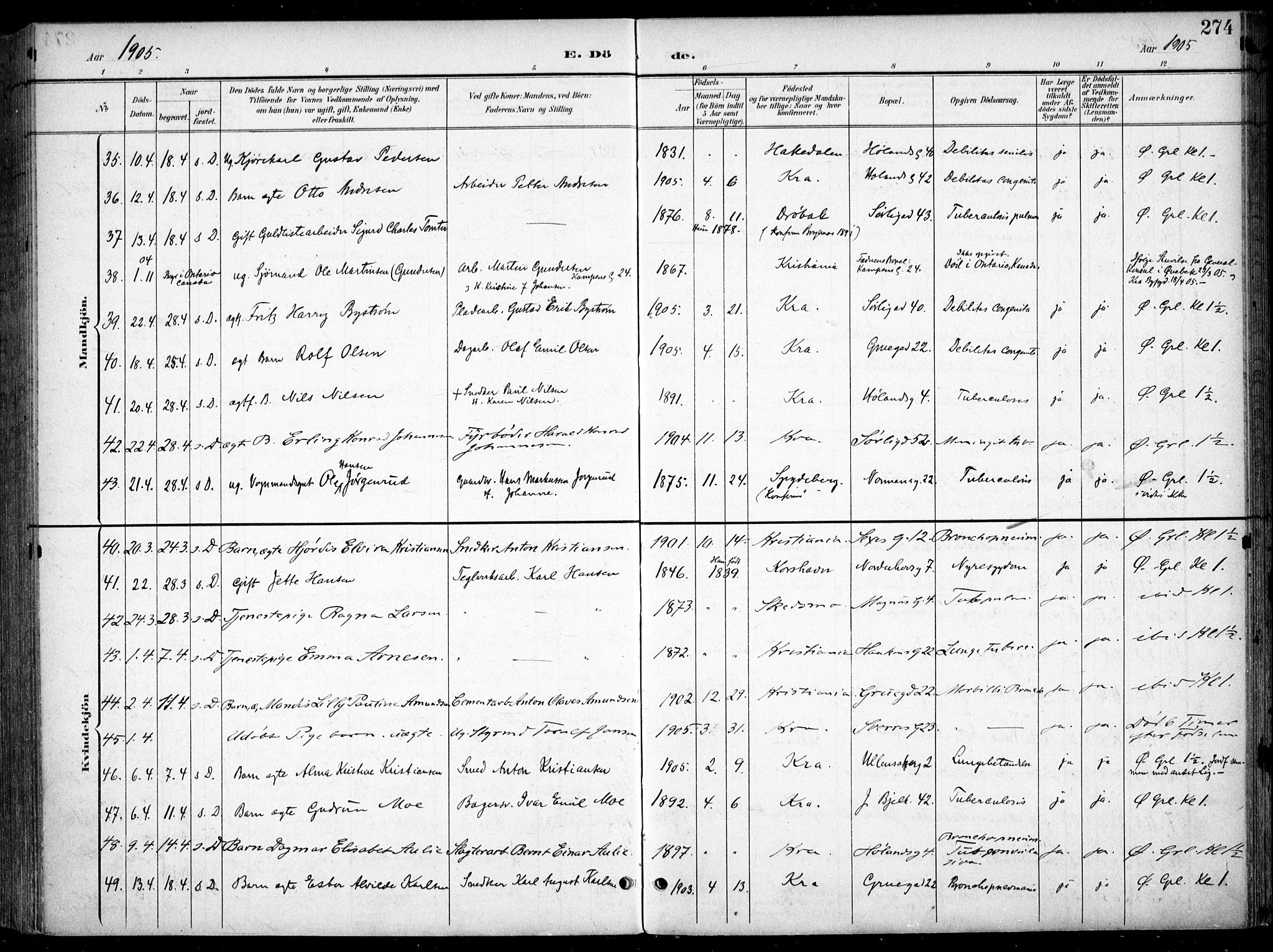 Kampen prestekontor Kirkebøker, AV/SAO-A-10853/F/Fa/L0009: Ministerialbok nr. I 9, 1899-1911, s. 274