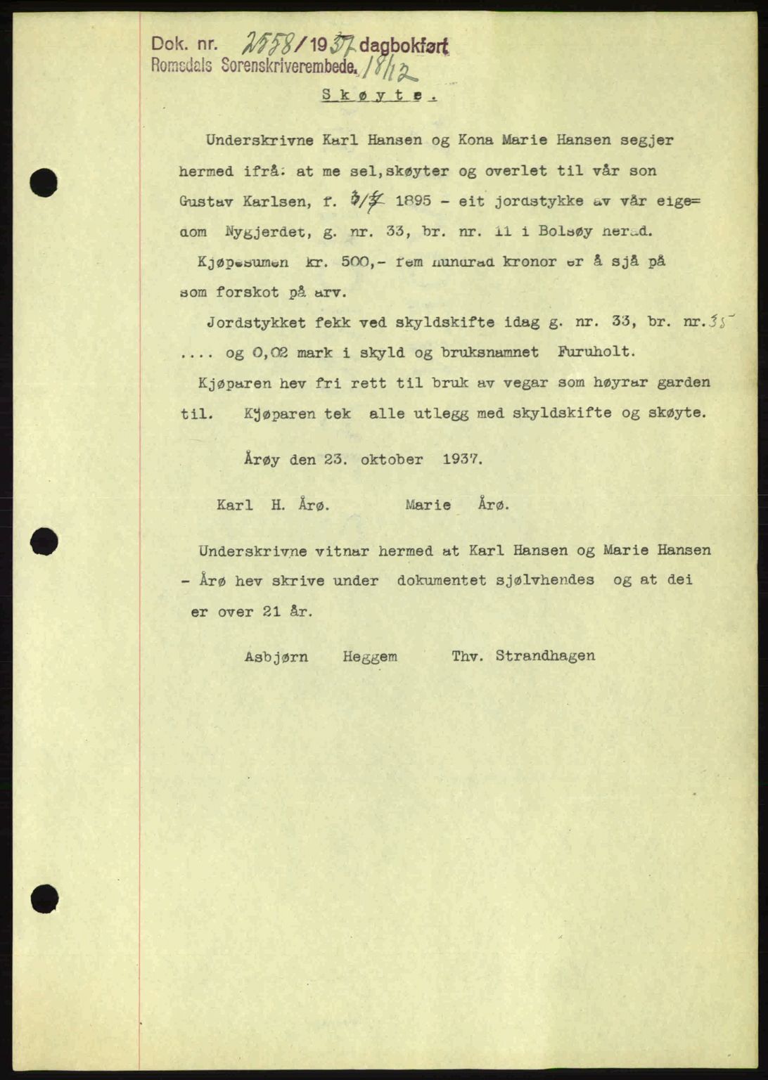 Romsdal sorenskriveri, SAT/A-4149/1/2/2C: Pantebok nr. A4, 1937-1938, Dagboknr: 2558/1937