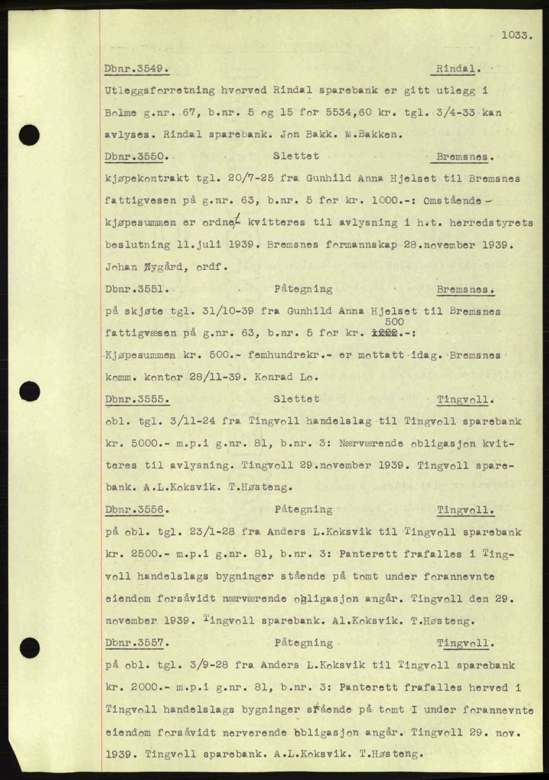 Nordmøre sorenskriveri, SAT/A-4132/1/2/2Ca: Pantebok nr. C80, 1936-1939, Dagboknr: 3549/1939