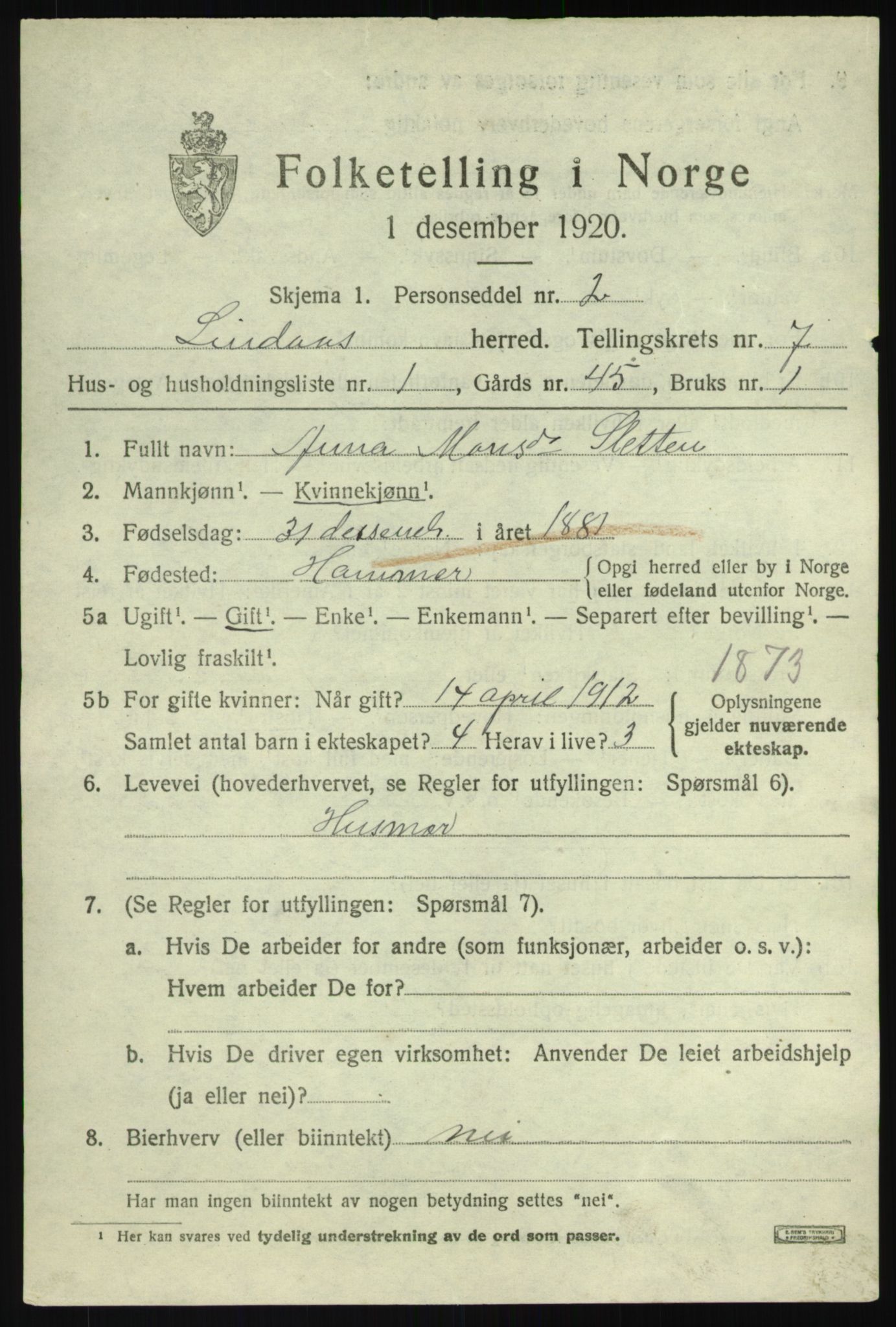 SAB, Folketelling 1920 for 1263 Lindås herred, 1920, s. 4033