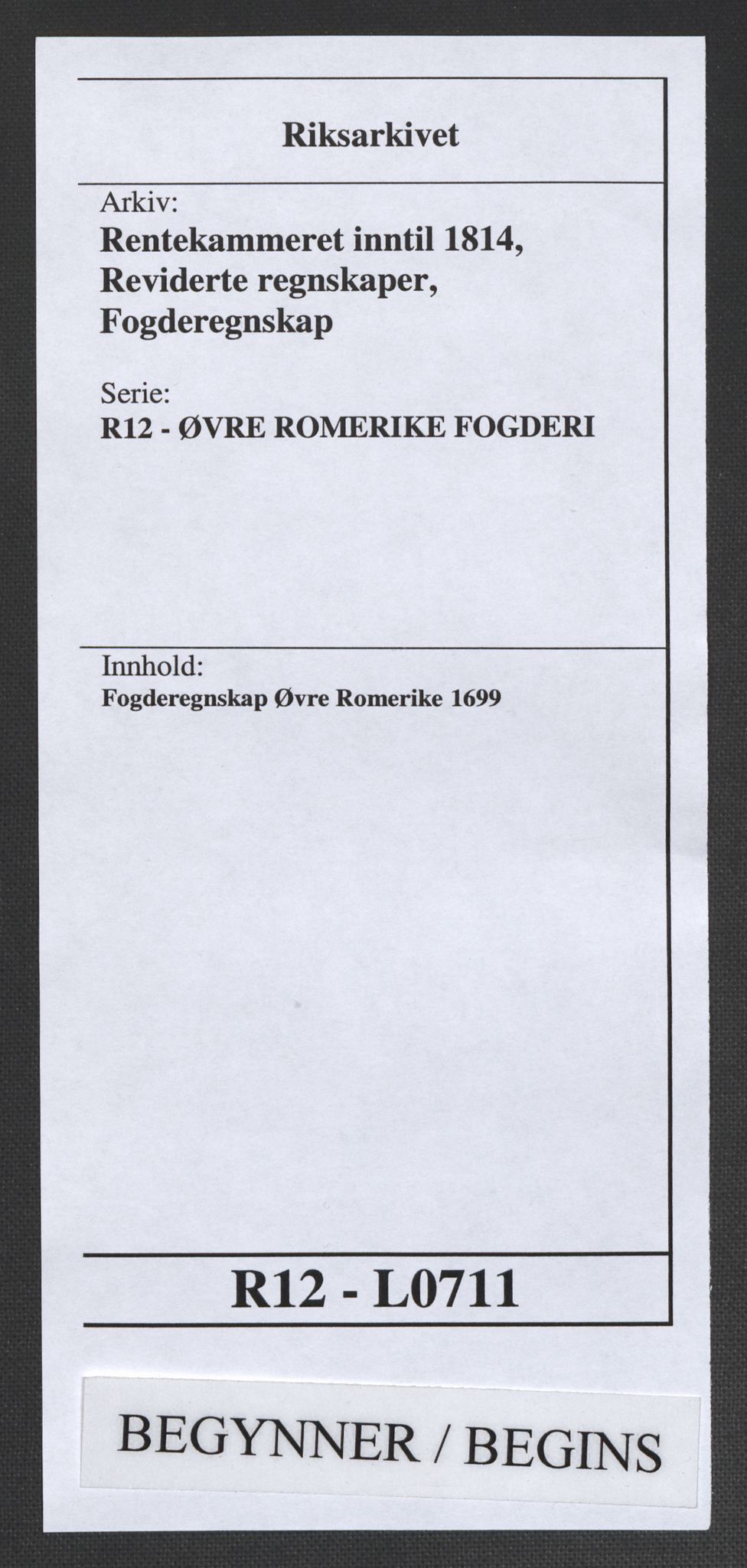 Rentekammeret inntil 1814, Reviderte regnskaper, Fogderegnskap, RA/EA-4092/R12/L0711: Fogderegnskap Øvre Romerike, 1699, s. 1