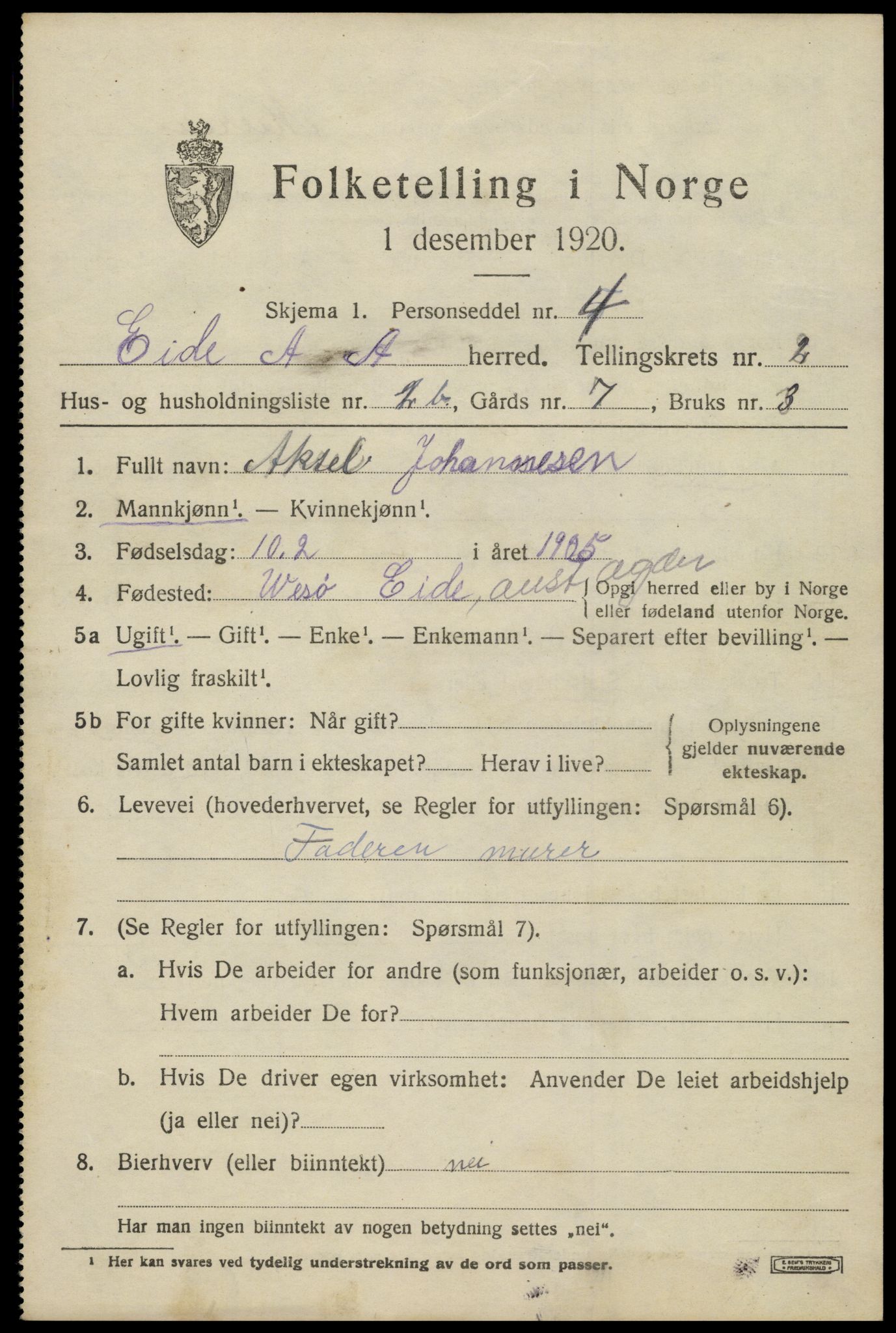 SAK, Folketelling 1920 for 0925 Eide herred, 1920, s. 670