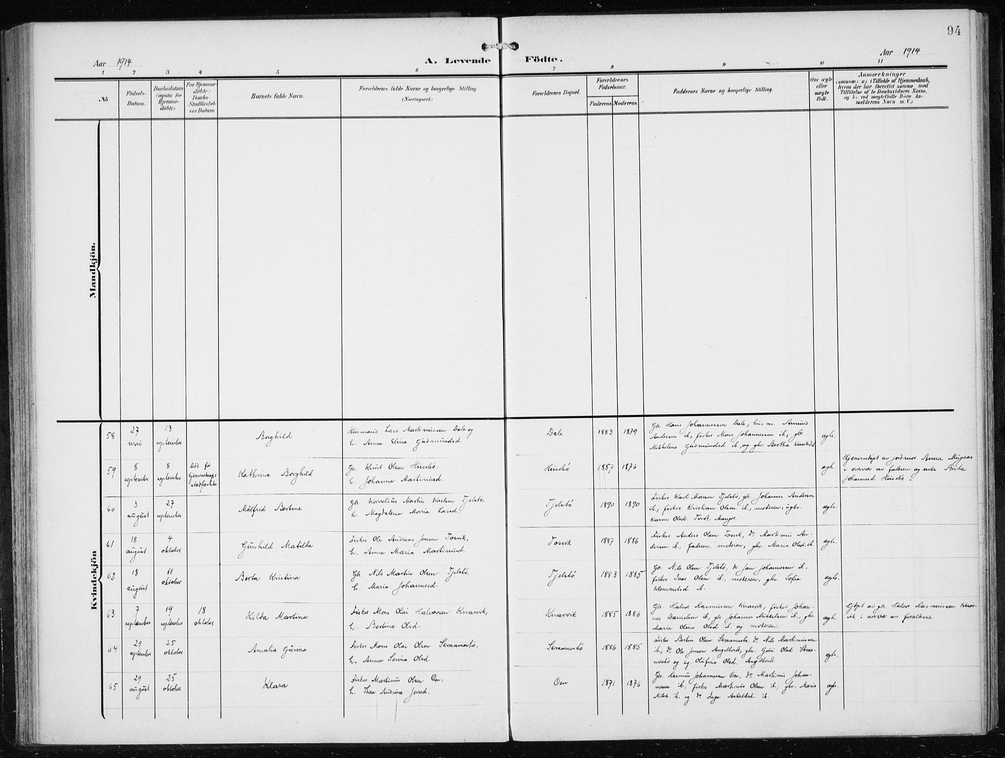 Herdla Sokneprestembete, AV/SAB-A-75701/H/Haa: Ministerialbok nr. A 5, 1905-1918, s. 94