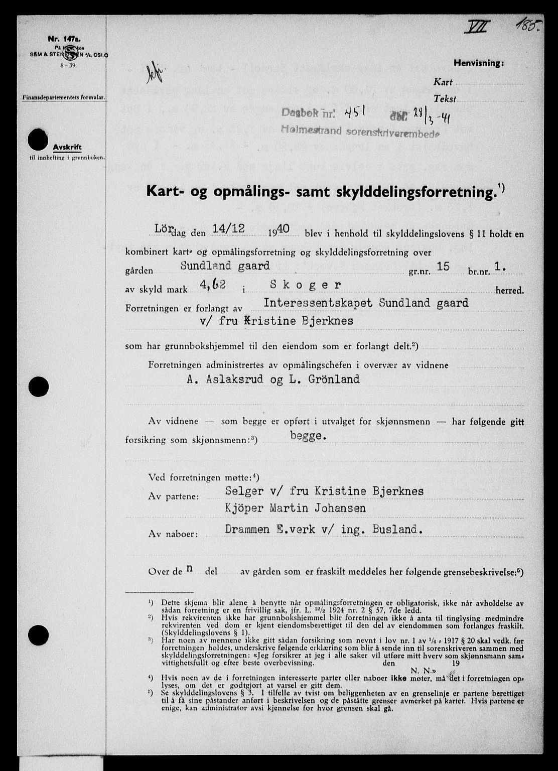 Holmestrand sorenskriveri, SAKO/A-67/G/Ga/Gaa/L0053: Pantebok nr. A-53, 1941-1941, Dagboknr: 451/1941